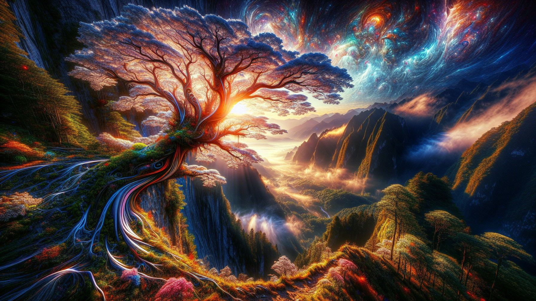 Vibrant Tree in Cosmic Landscape with Misty Mountains