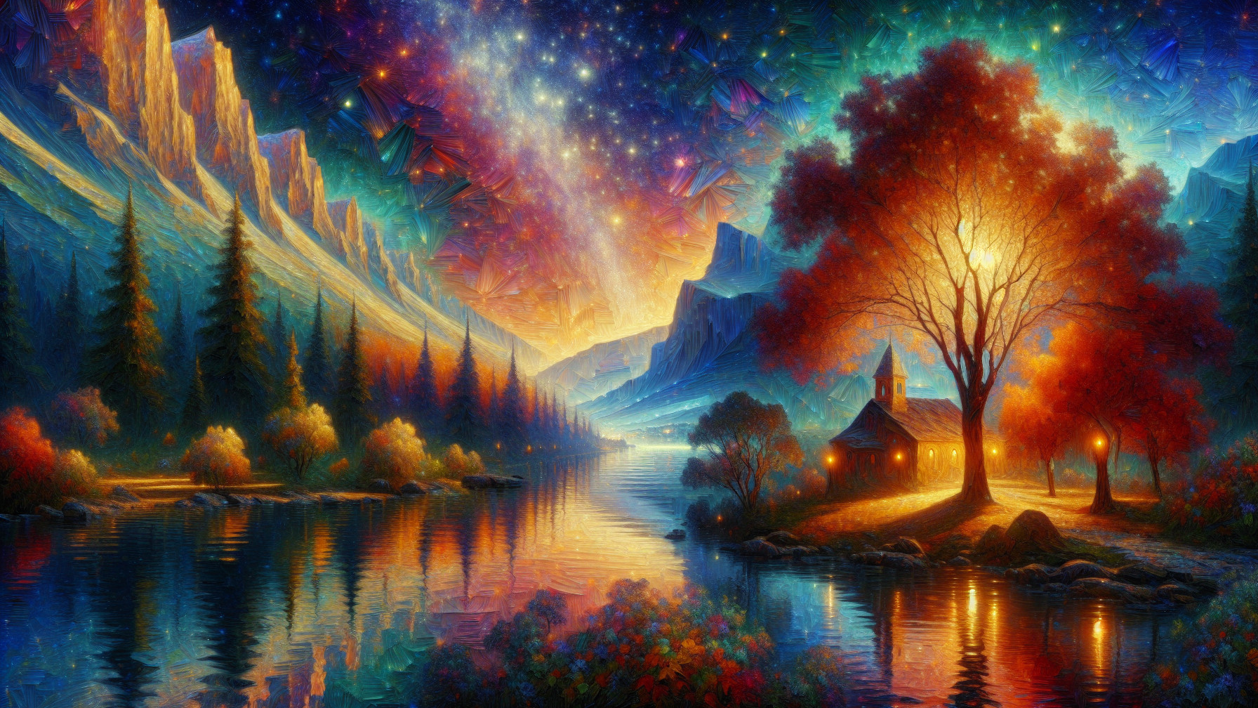 Tranquil River and Autumn Trees at Twilight