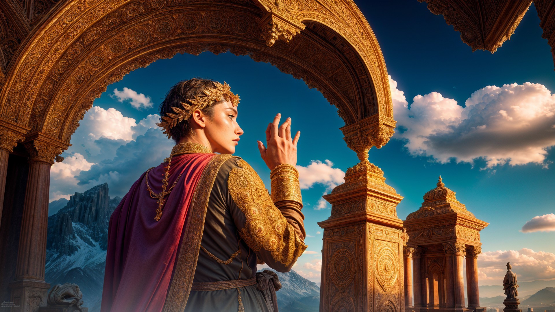 Regal figure beneath golden arches in majestic landscape