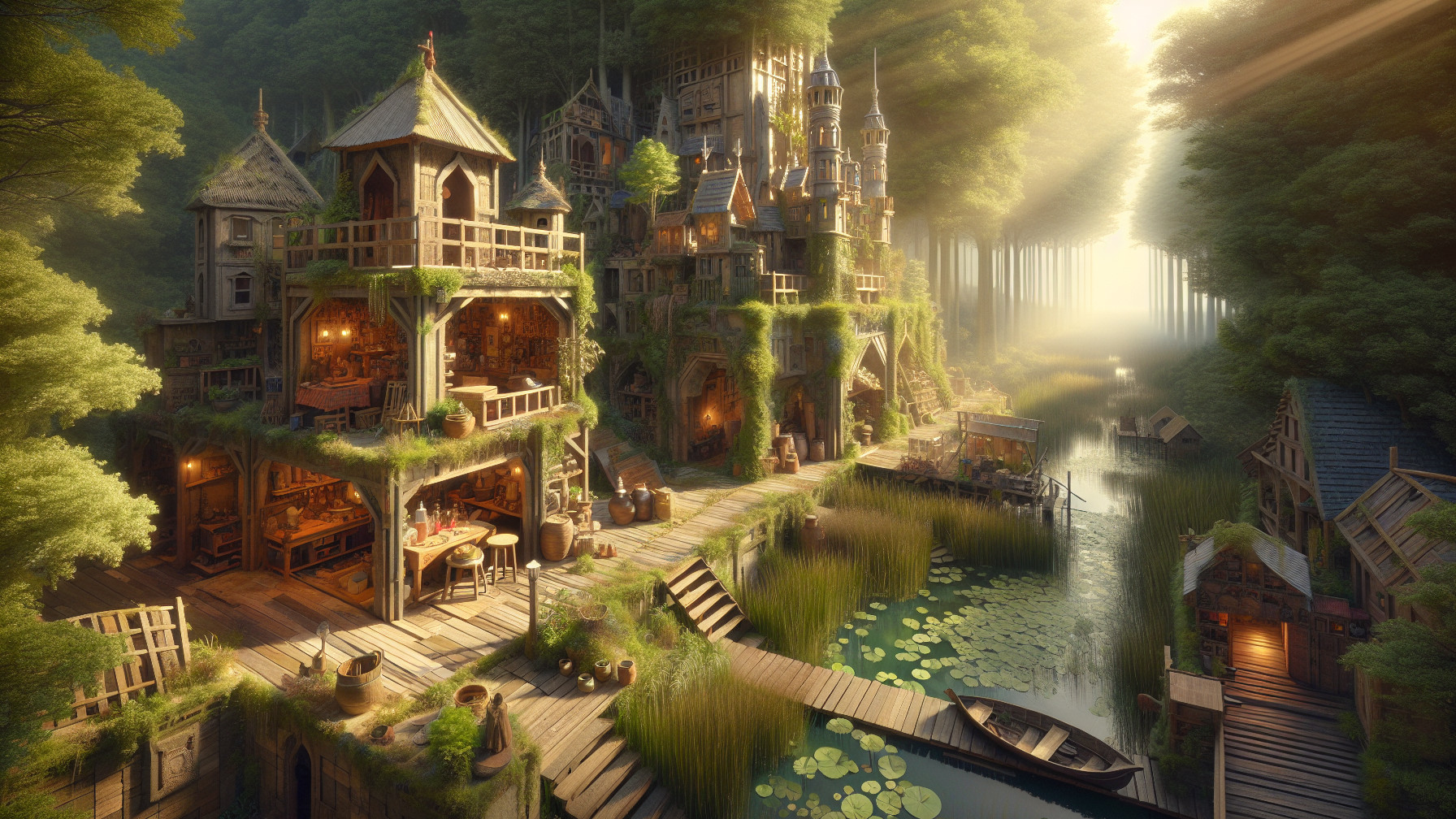 Whimsical Treehouse Village in a Lush Forest