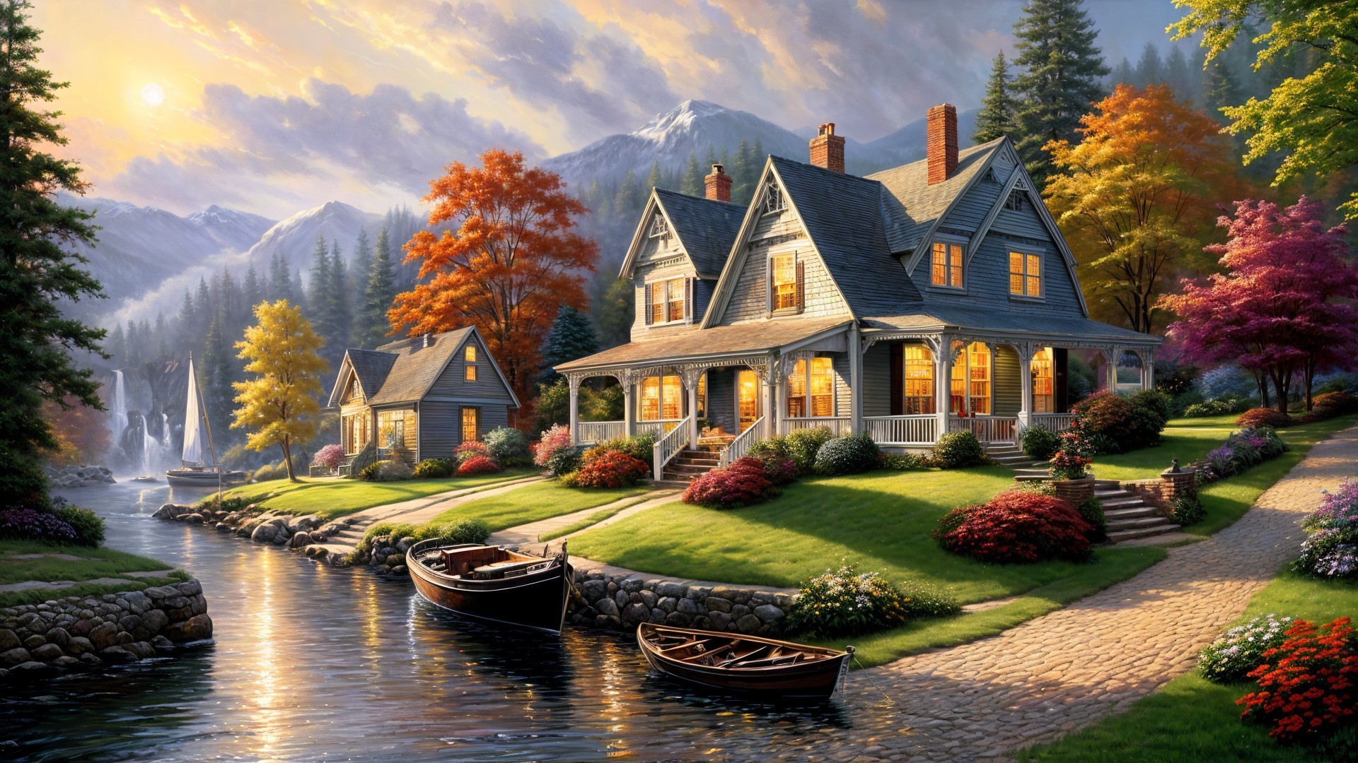 Charming House by Serene River in Autumn Foliage