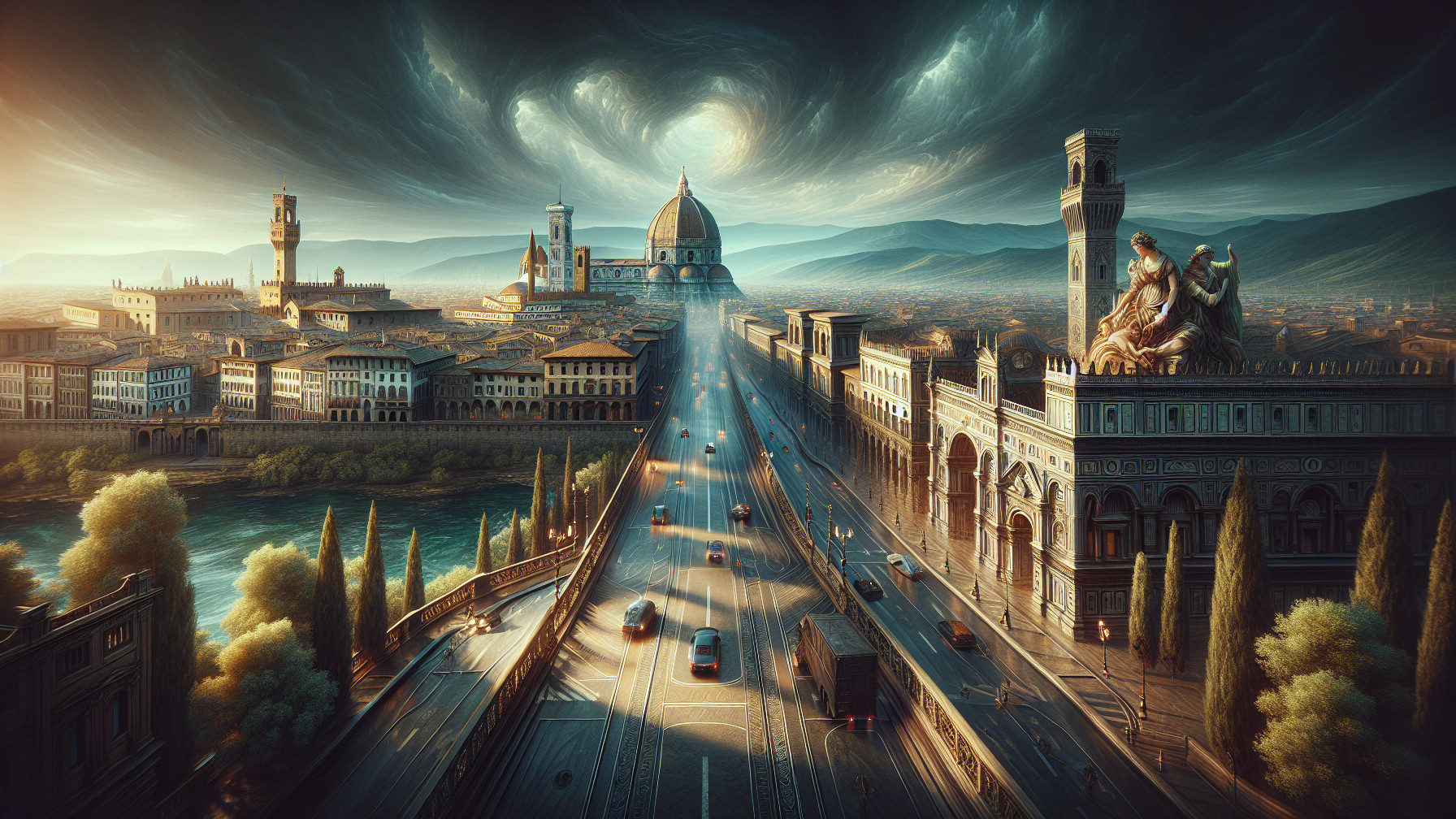 High-Angle View of Cityscape with Bridges and Cathedral