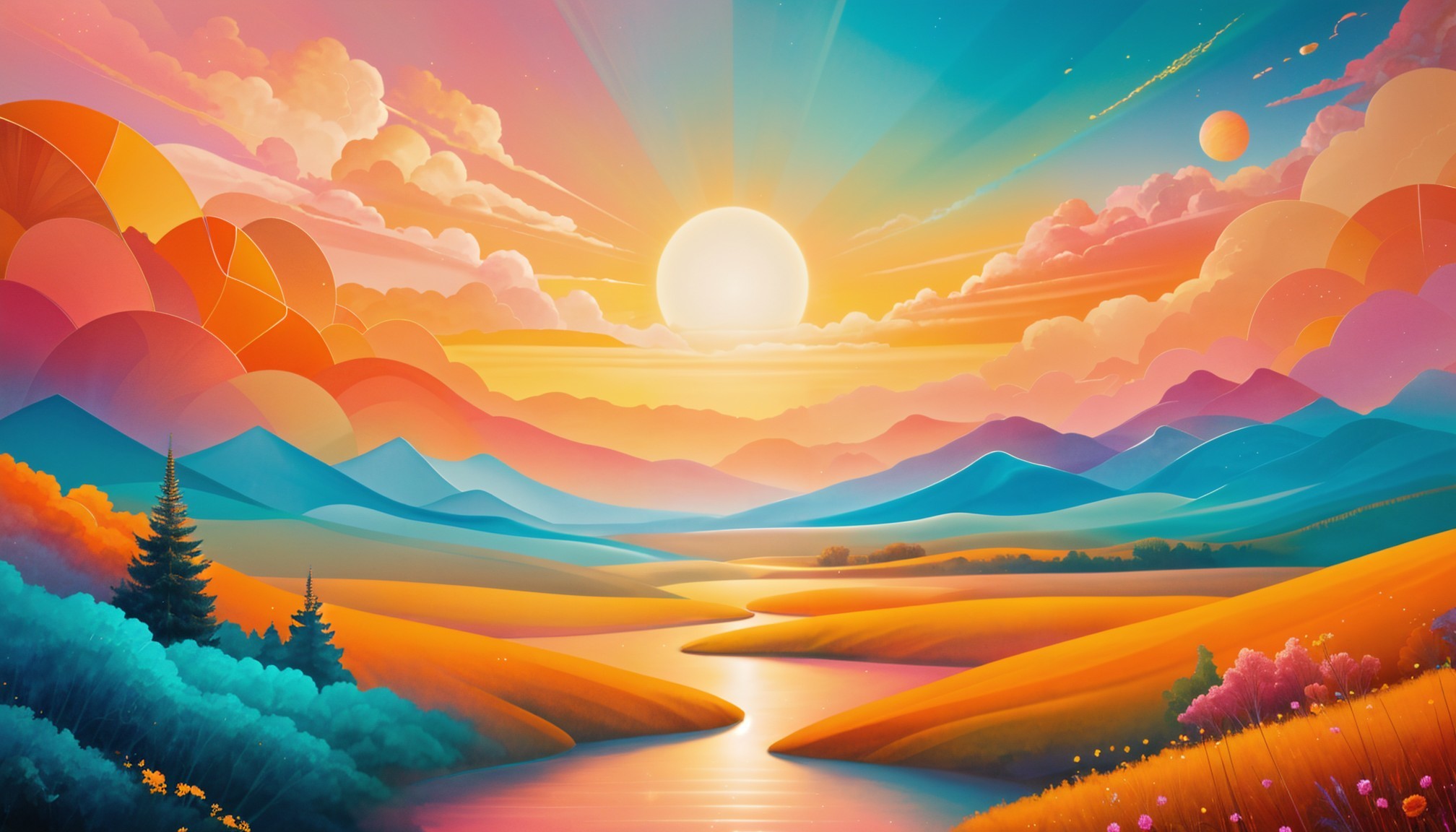 Vibrant Landscape with Rolling Hills and Serene River