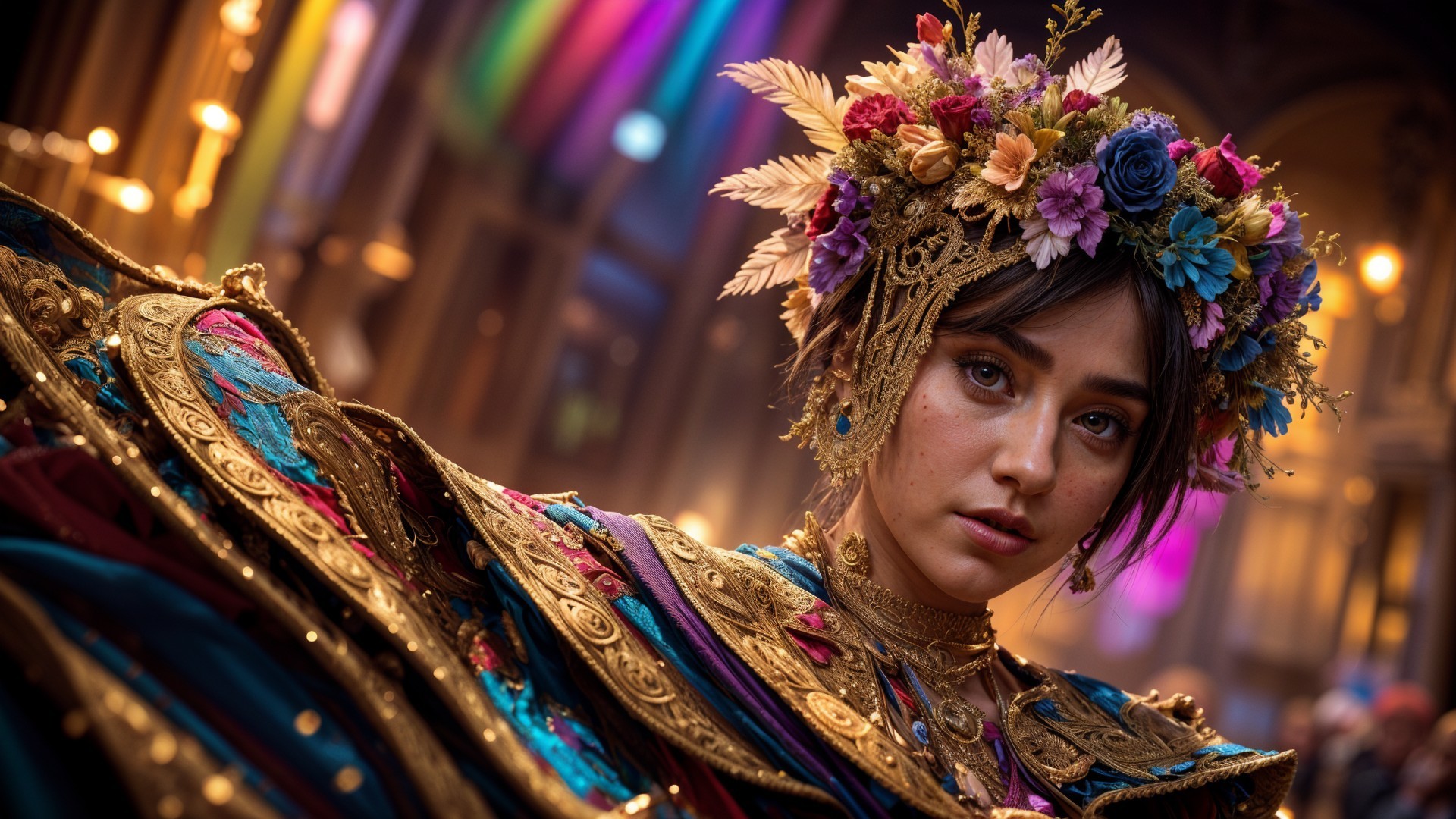 Colorful Costume and Floral Crown in Enchanting Setting