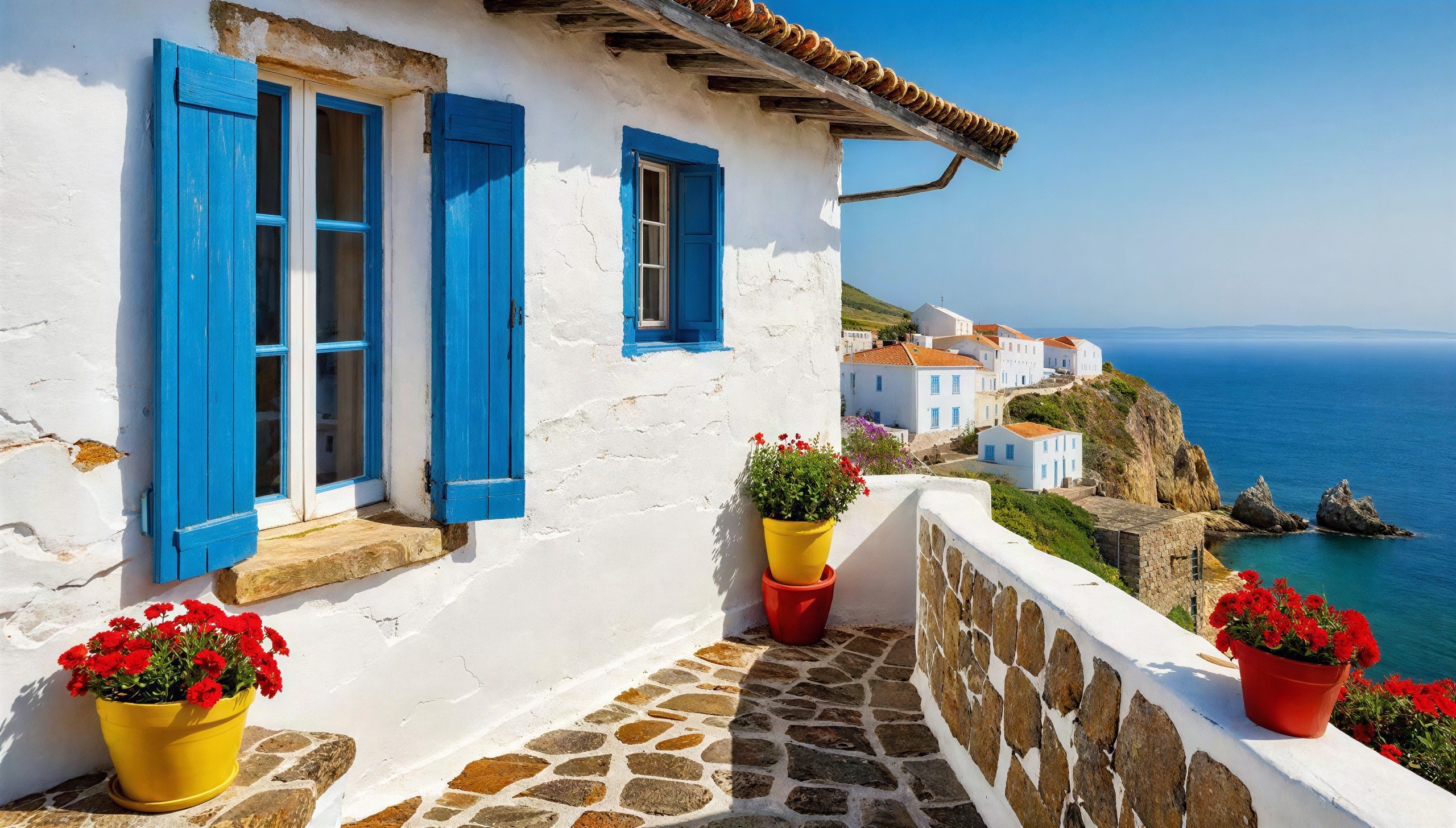 Whitewashed Building with Blue Shutters in Greek Village
