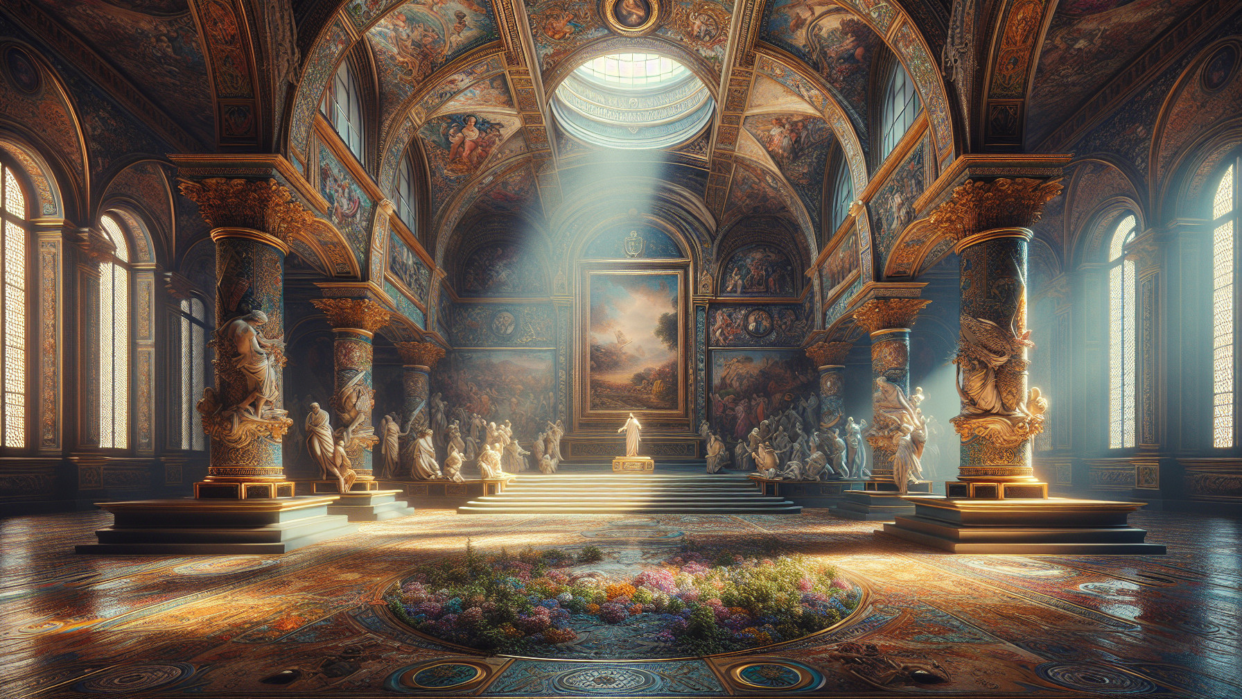 Opulent hall with murals, sculptures, and sunlight