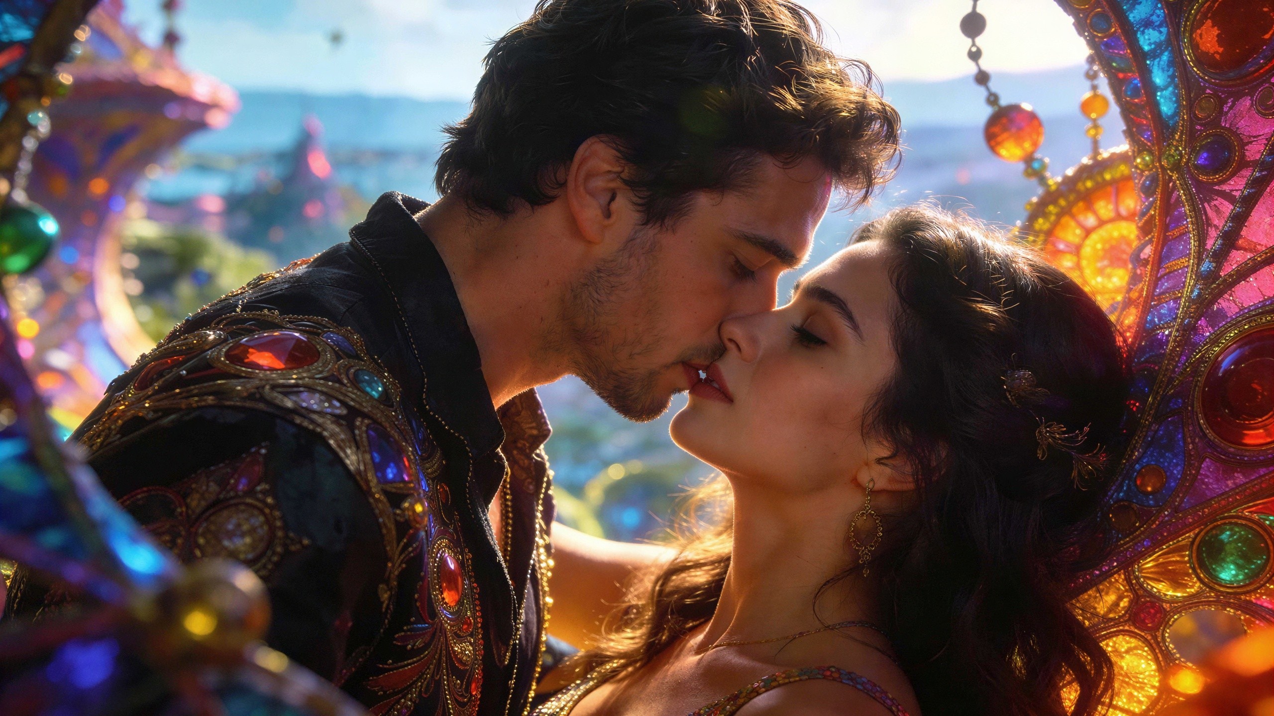 Hyperrealistic Couple Kissing in Colorful Cityscape