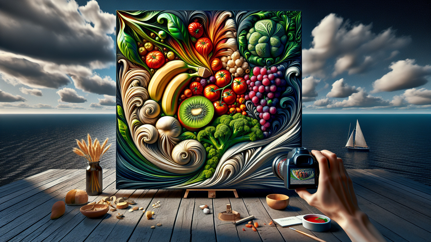 Vibrant Still-Life Painting with Fruits and Sea View