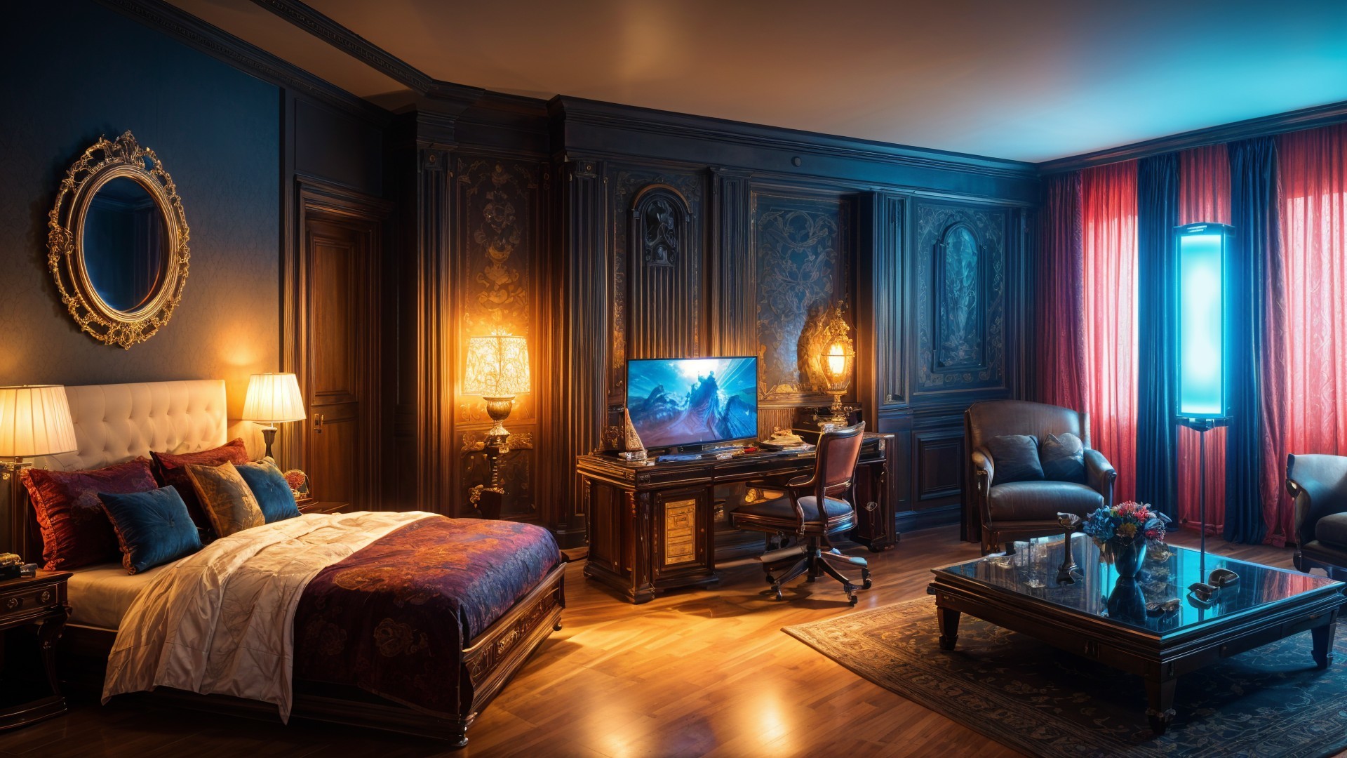 Luxurious Bedroom with Dark Wood and Elegant Decor
