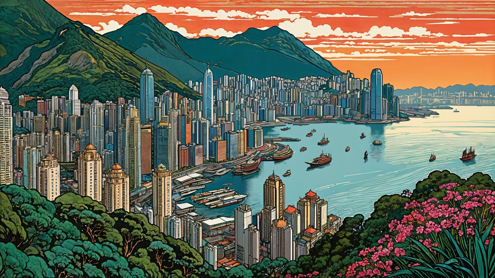 Vibrant Sunset Over Hong Kong's Skyline and Harbor