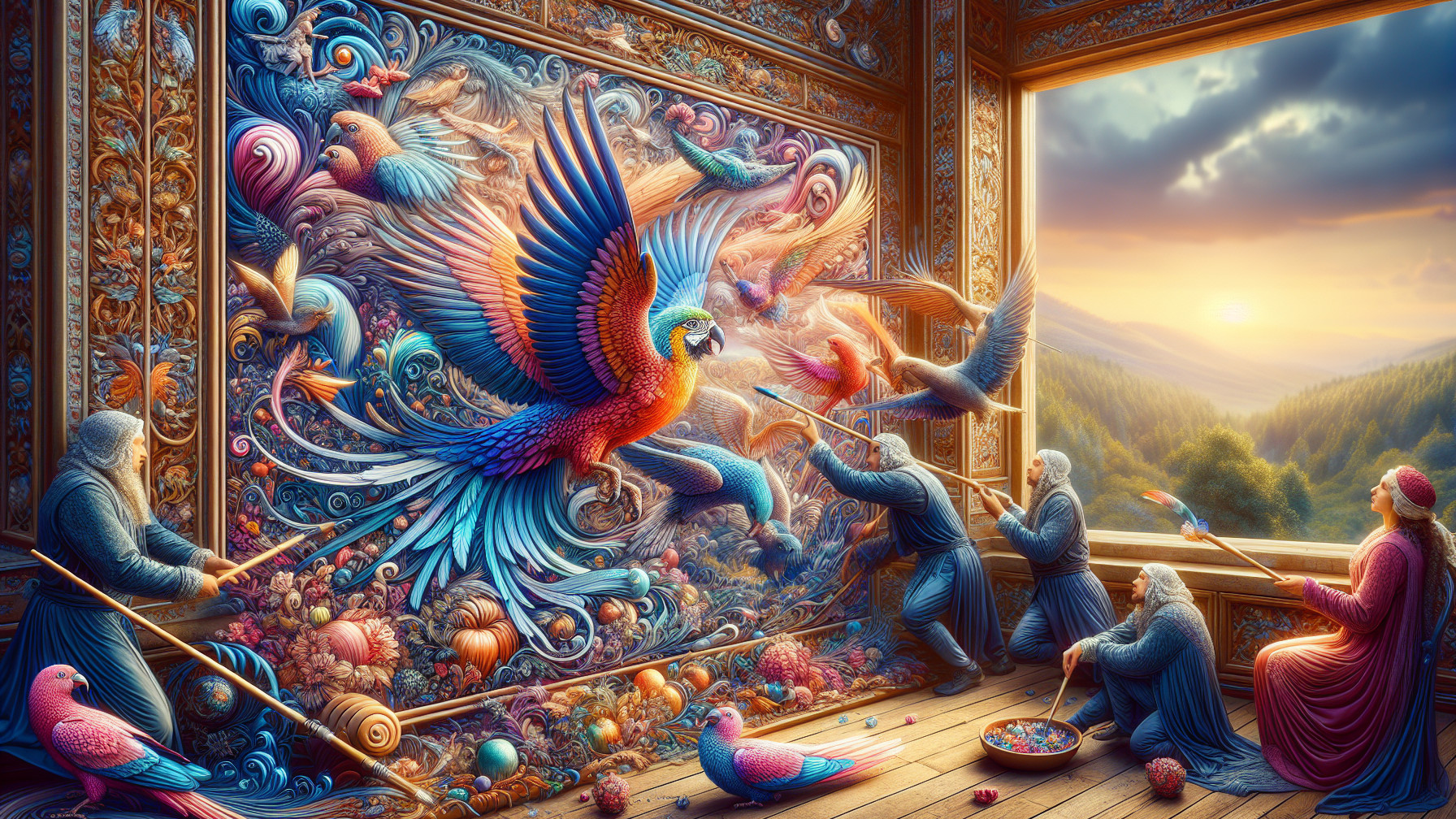 Majestic Parrot Mural with Vibrant Surroundings