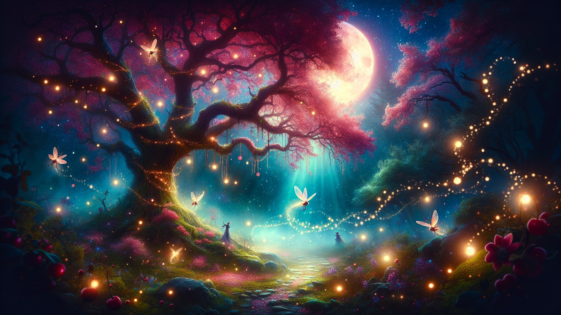 Mystical forest scene with vibrant pink tree and fairies