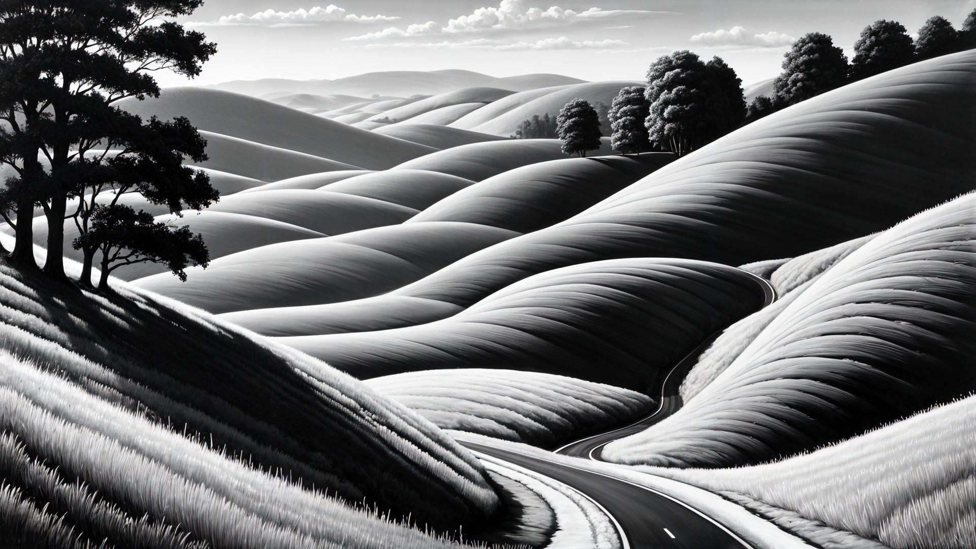 Monochromatic Landscape with Hills and Winding Road