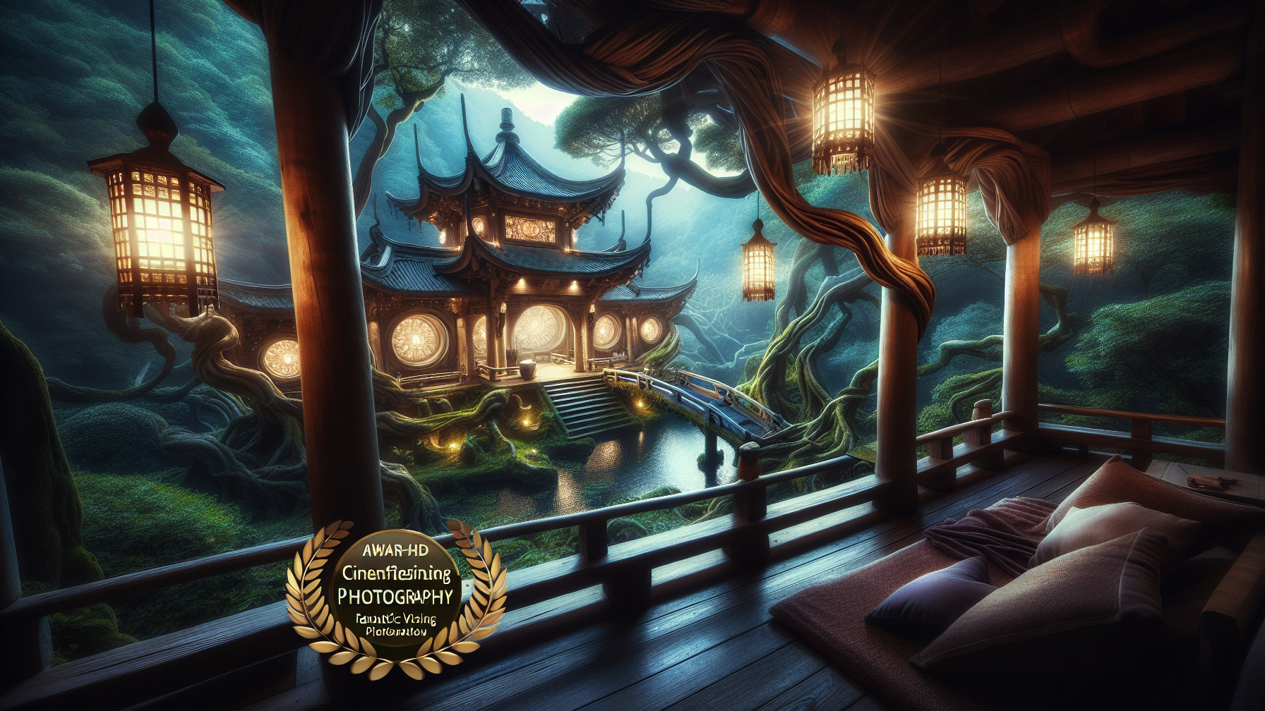 Dark Fantasy Landscape with Pagoda and Tranquil Pond