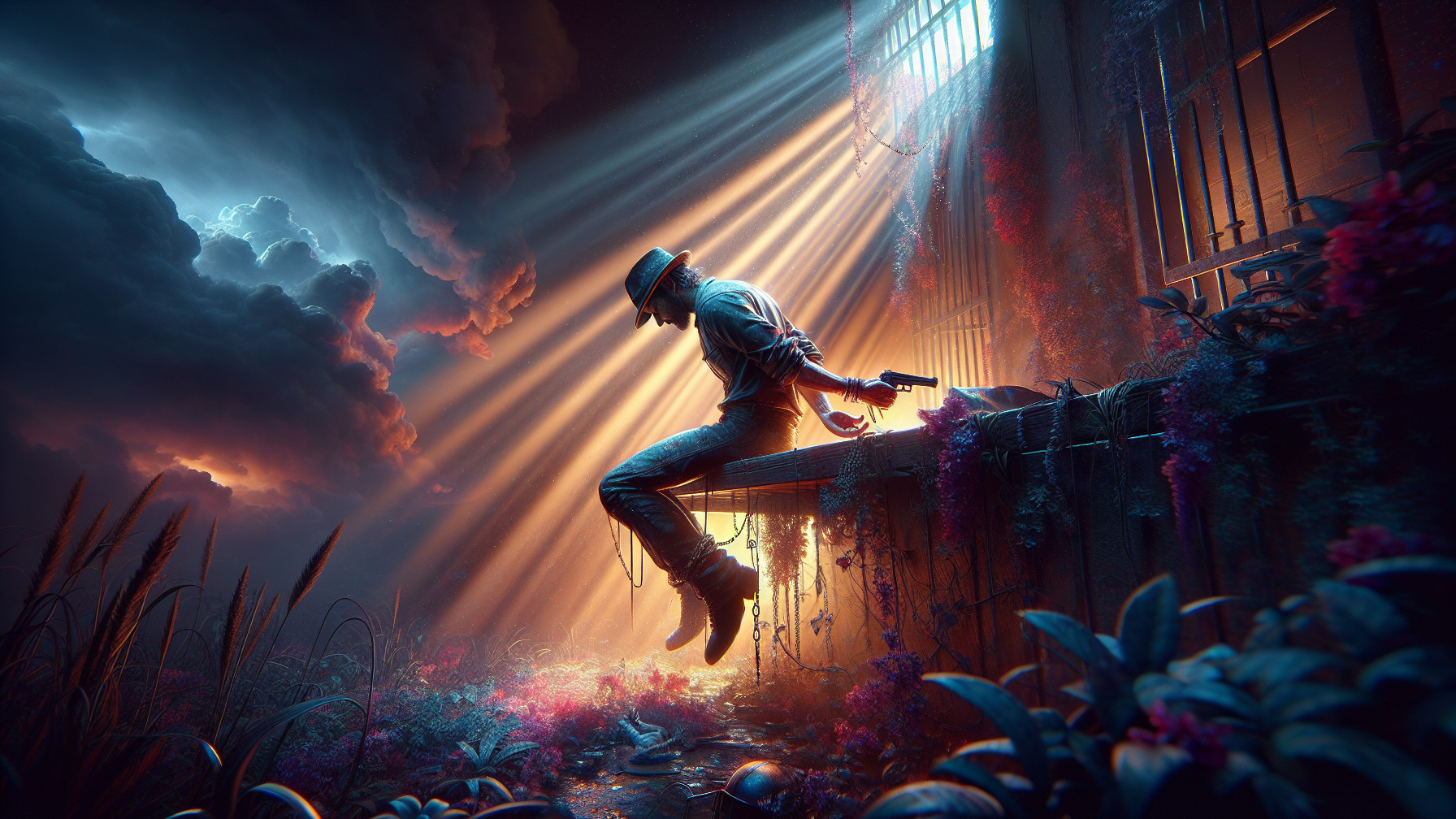 Surreal Scene of a Bound Figure Amidst Overgrown Foliage