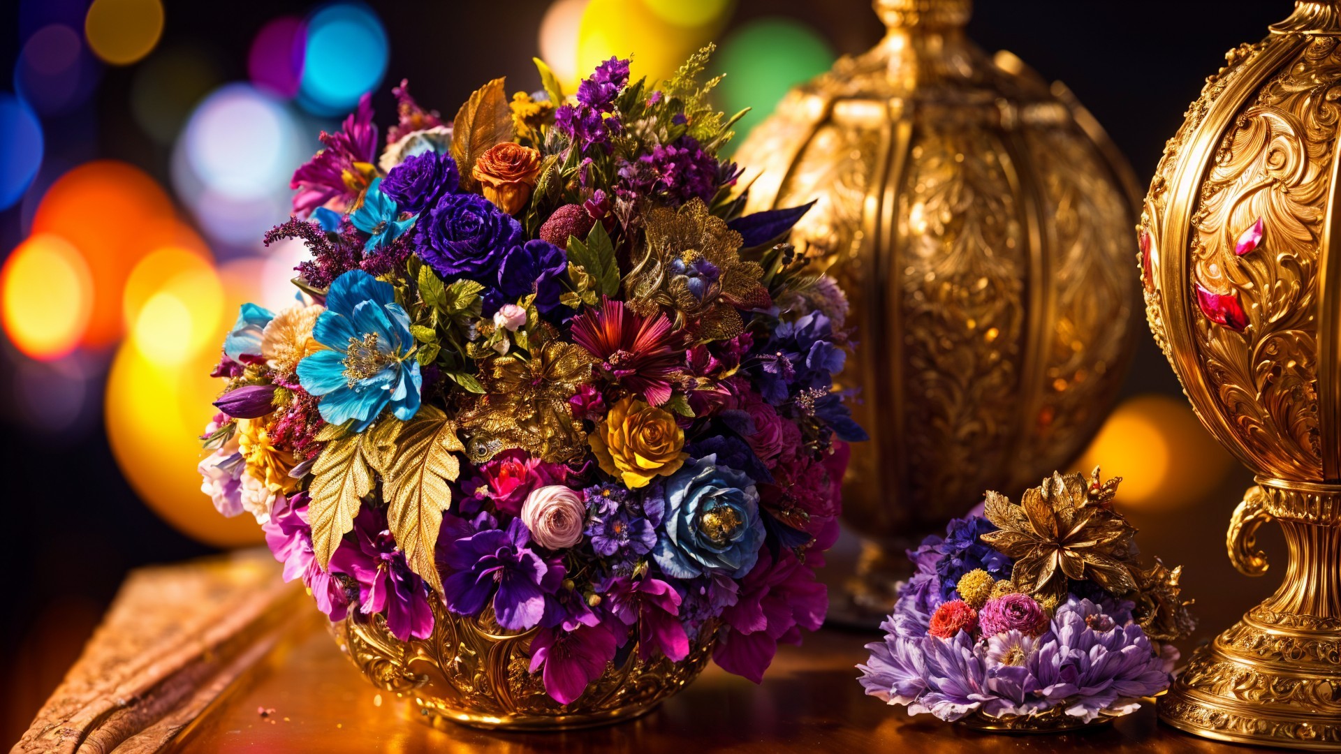 Vibrant Floral Arrangement in Decorative Gold Vase
