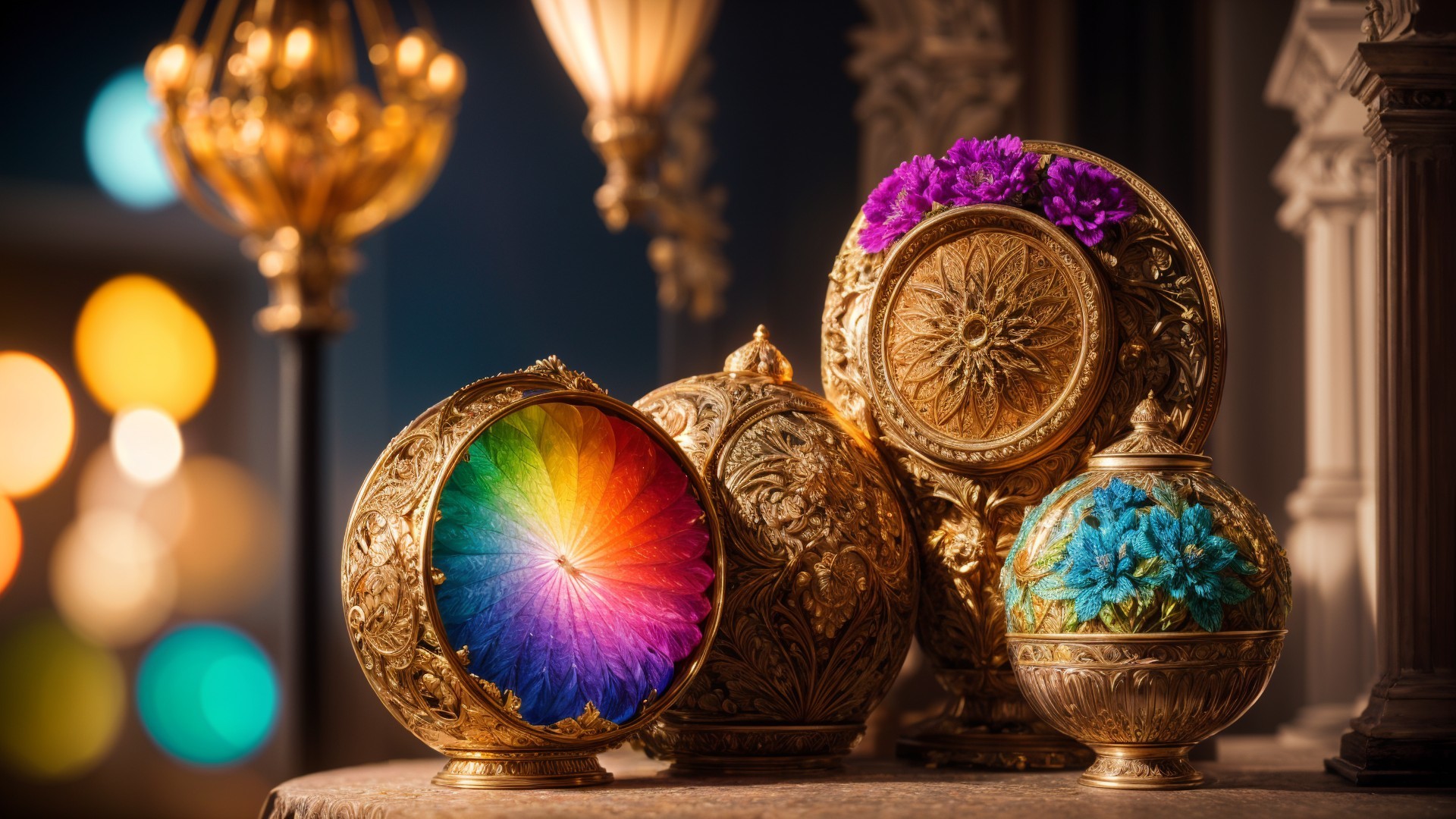 Ornate Golden Decorative Globes with Floral Motifs