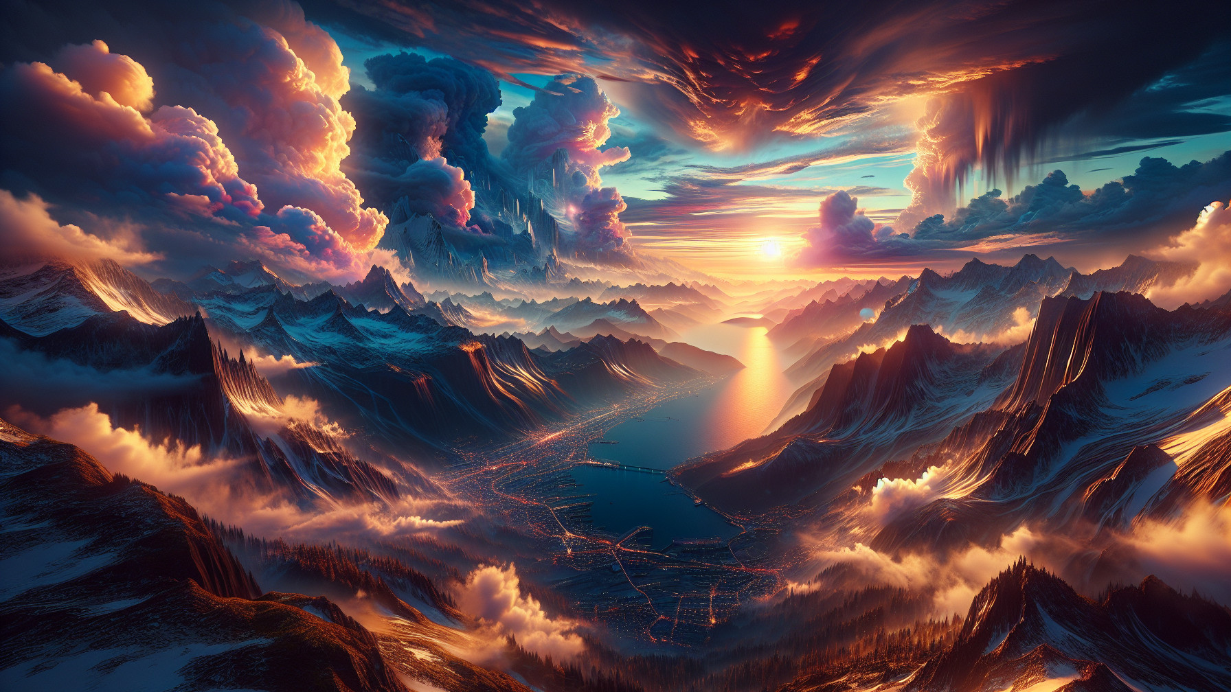 Panoramic View of a Mountain Valley at Sunset