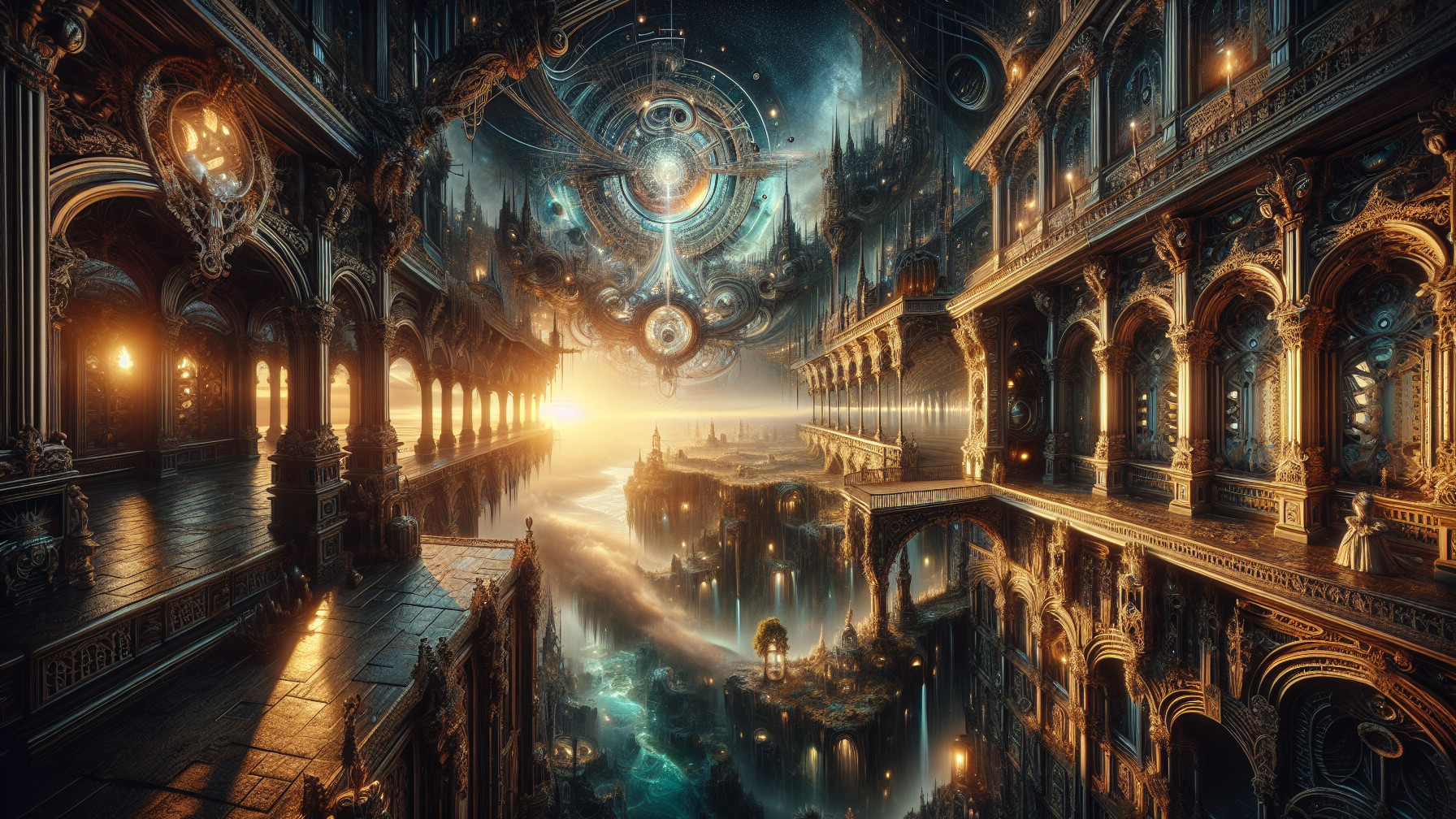 Surreal Landscape with Opulent Architecture and Cosmos