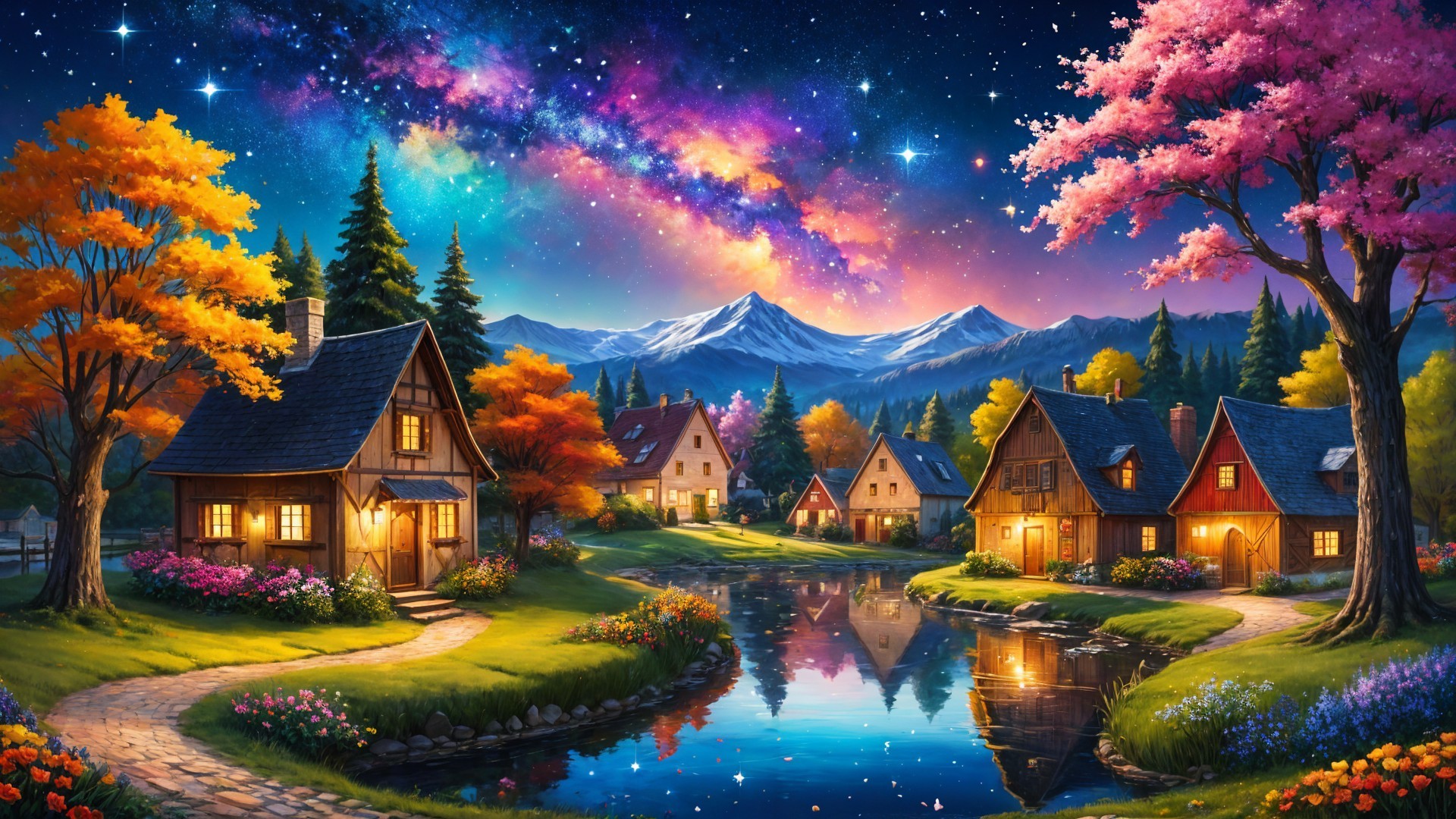 Serene Landscape with Wooden Houses and Autumn Trees