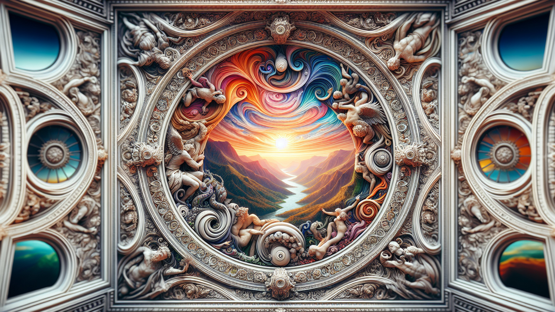 Ornate Architectural Frame with Vibrant Landscape Scene