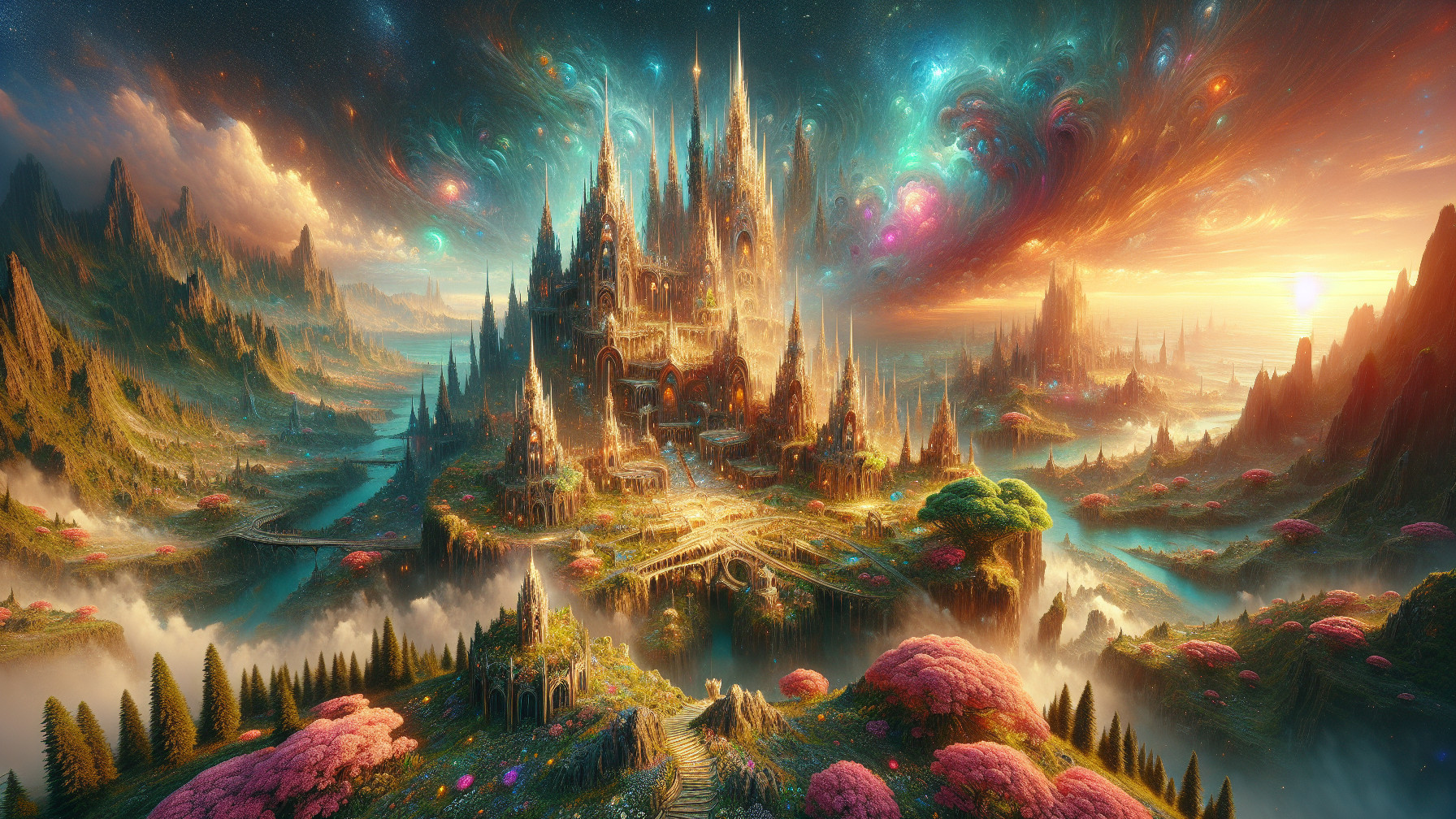 Fantasy Landscape with Castle and Cosmic Backdrop