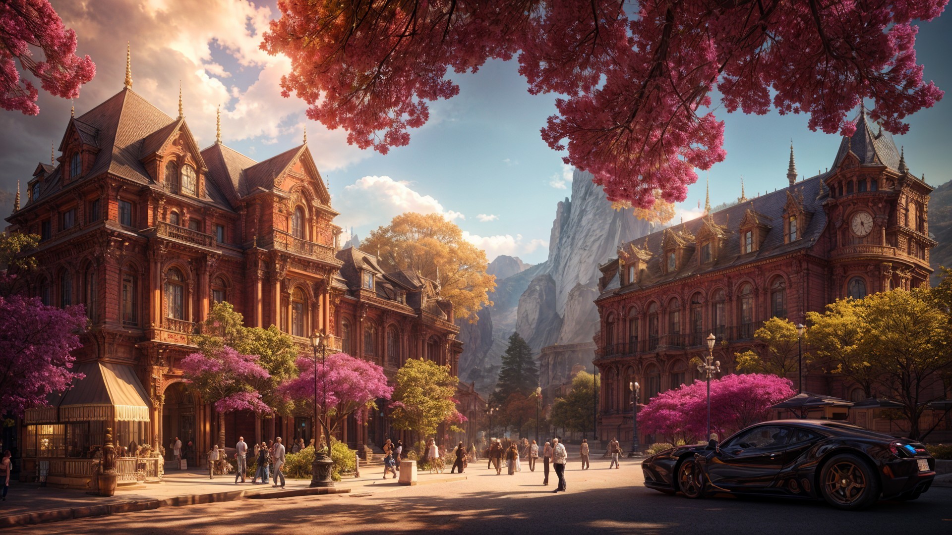 Vibrant town square with cherry blossoms and mountains