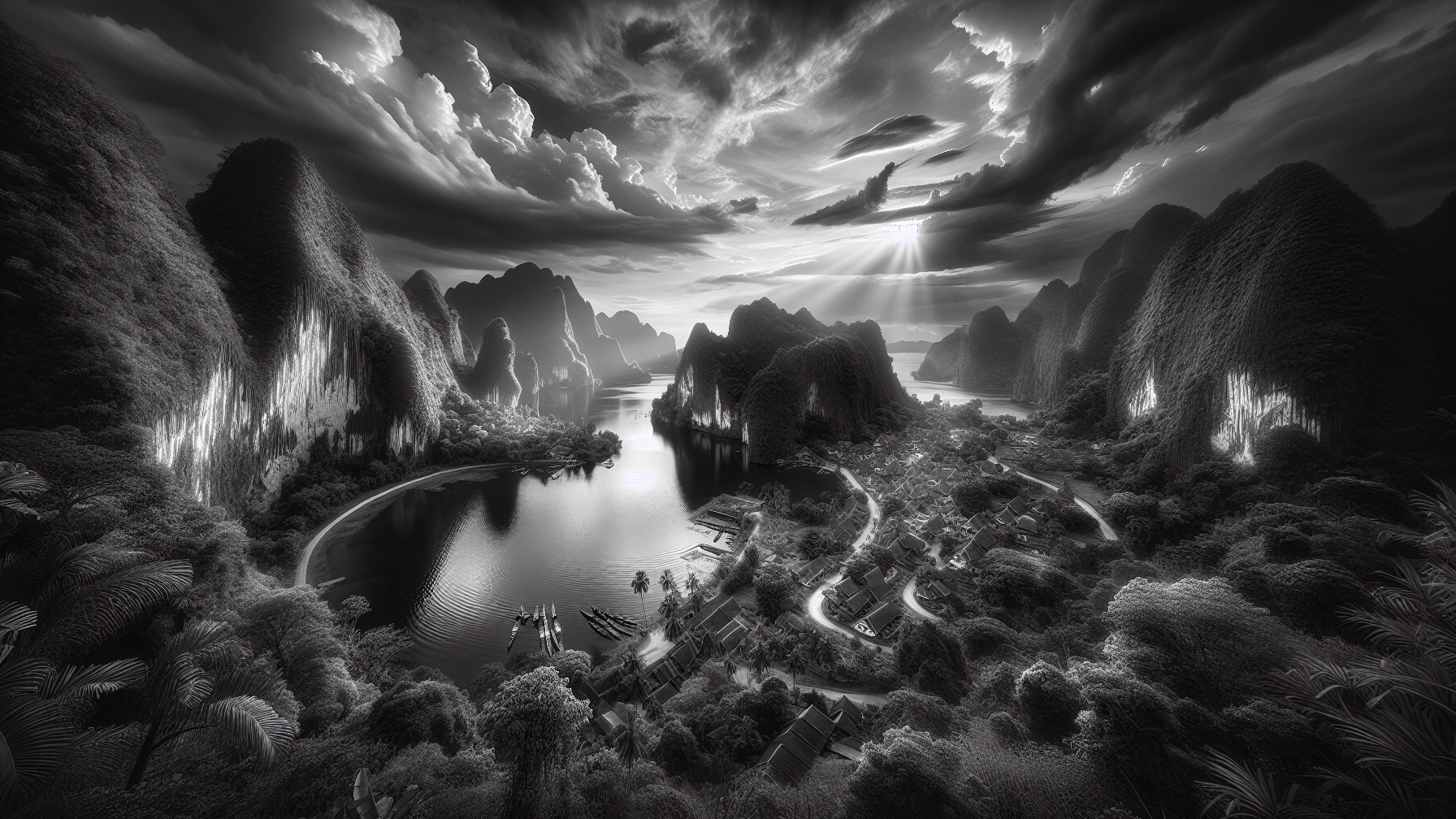 Black-and-white landscape of a serene river and karsts