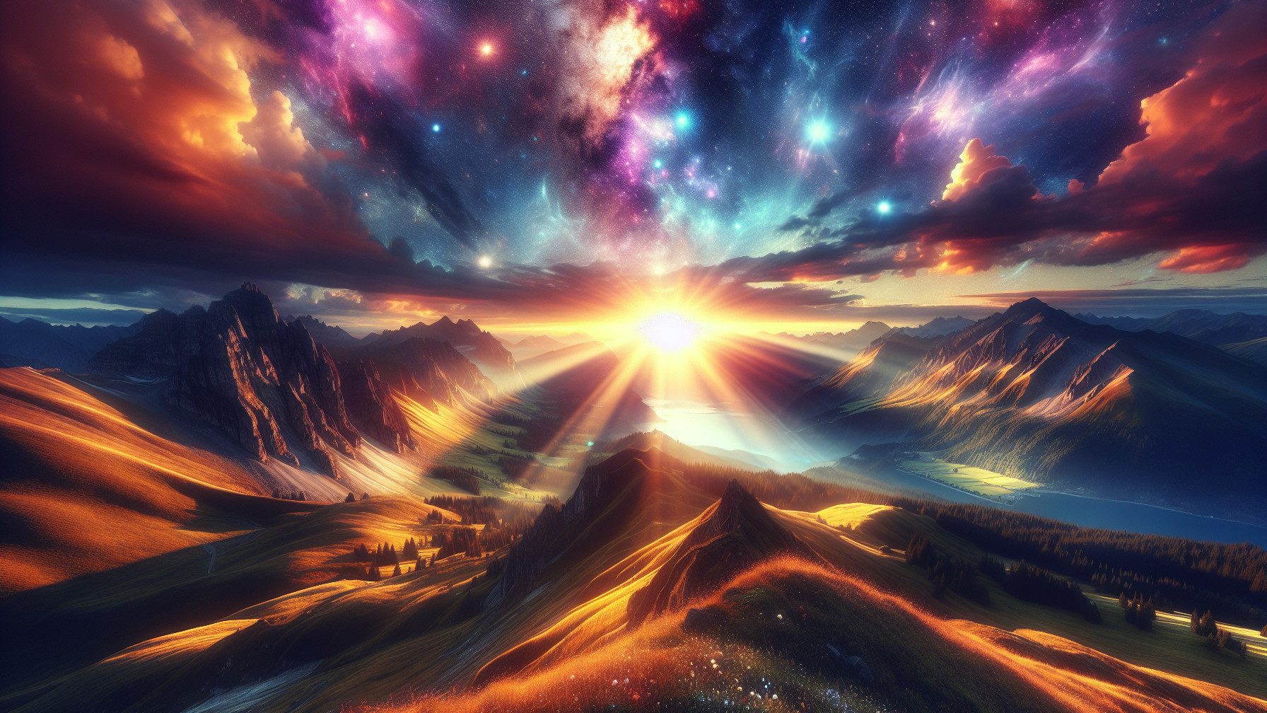 Vibrant Sunset Over Majestic Mountains and Cosmic Sky