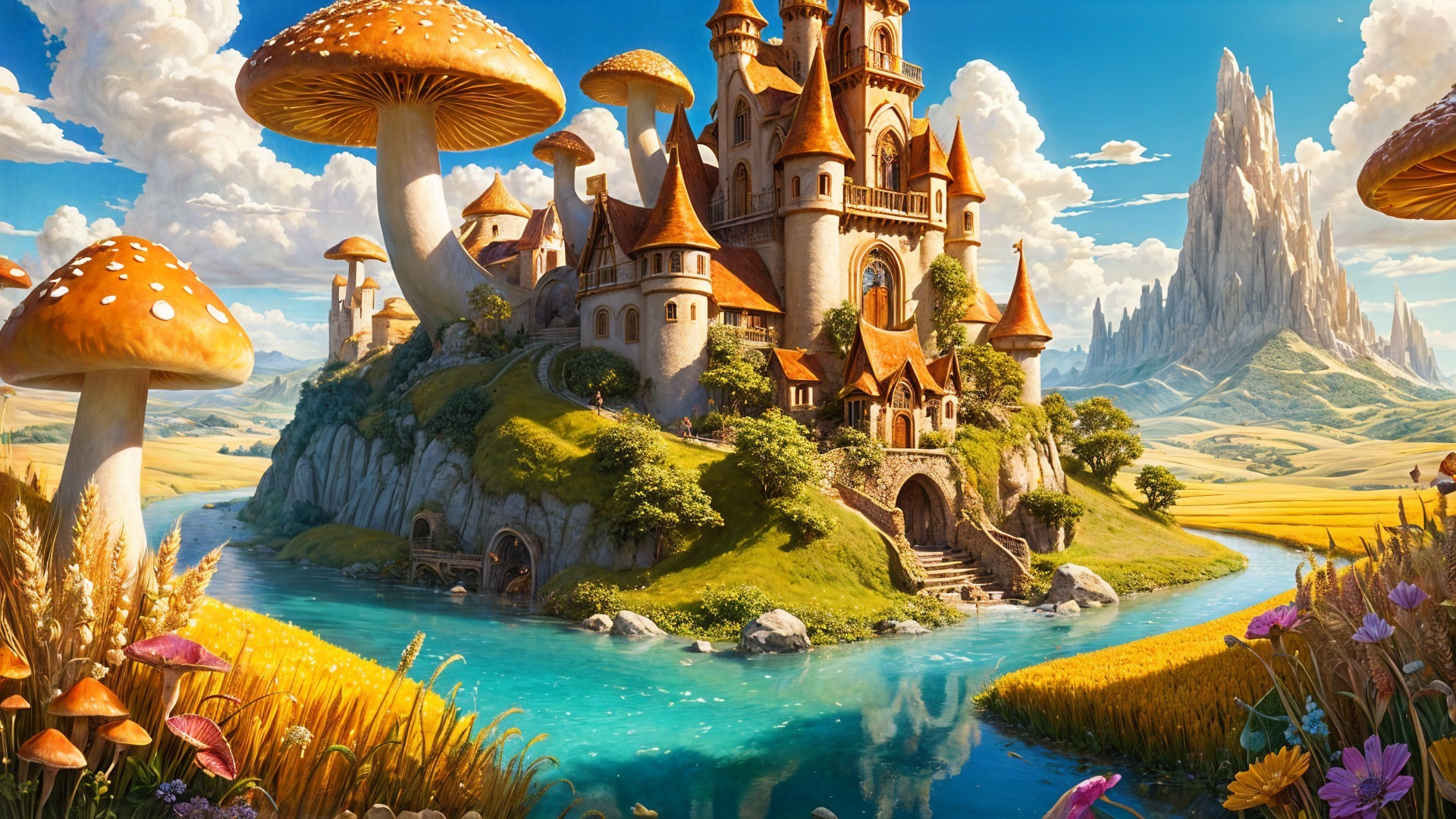 Whimsical castle on a hill with vibrant mushroom trees