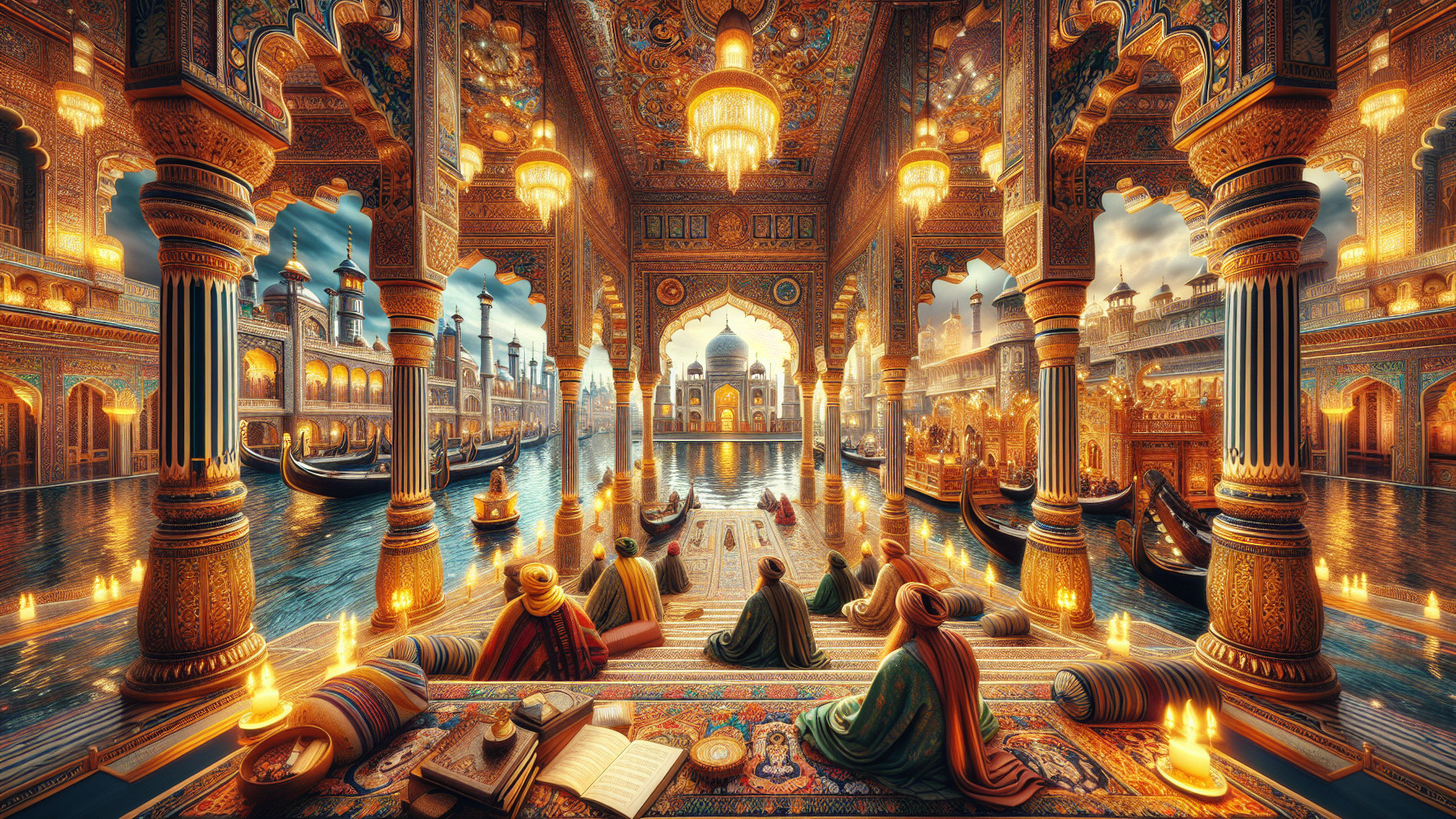 Ornate Indian Palace Interior with Canal and Taj Mahal