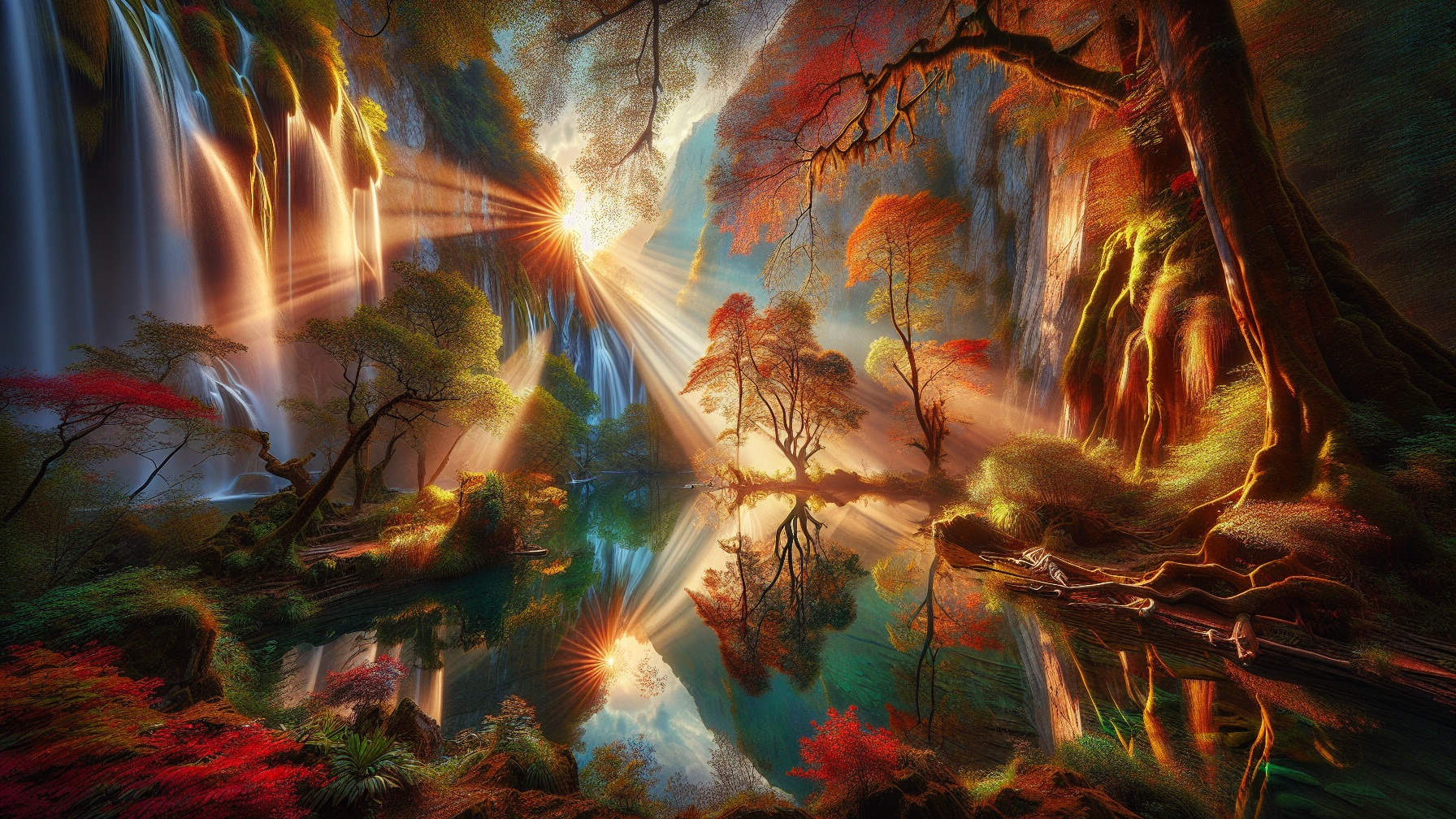 Cascading Waterfalls and Autumn Foliage Landscape