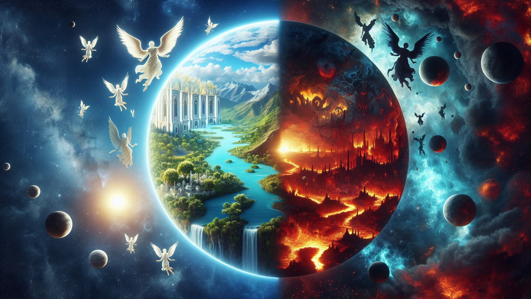 Contrasting Realms of Paradise and Inferno Depicted