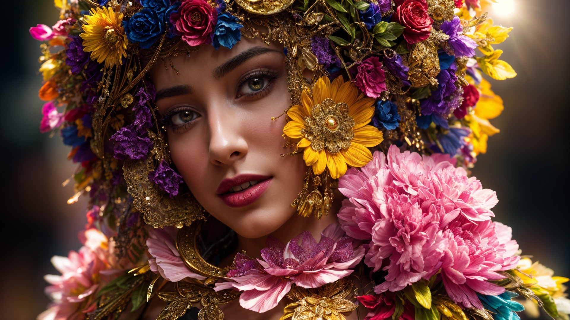 Close-up Portrait of Woman with Floral Headdress