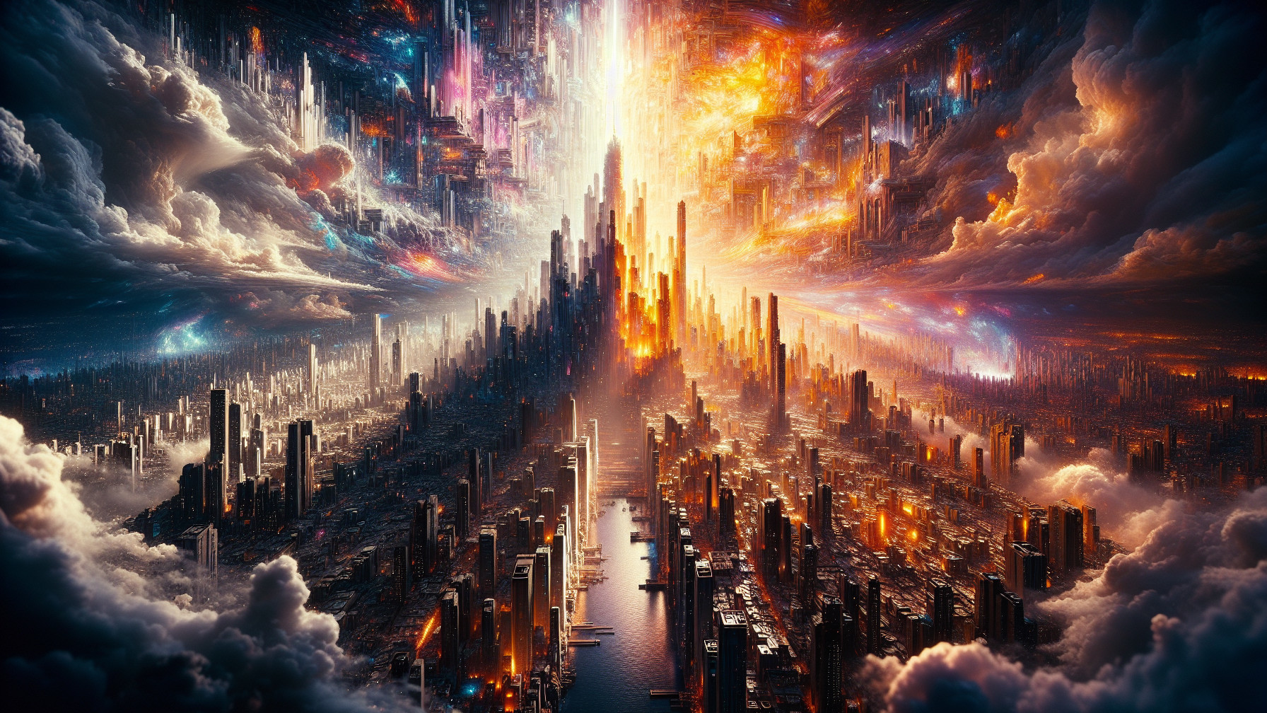 Futuristic cityscape with vibrant colors and skyscrapers