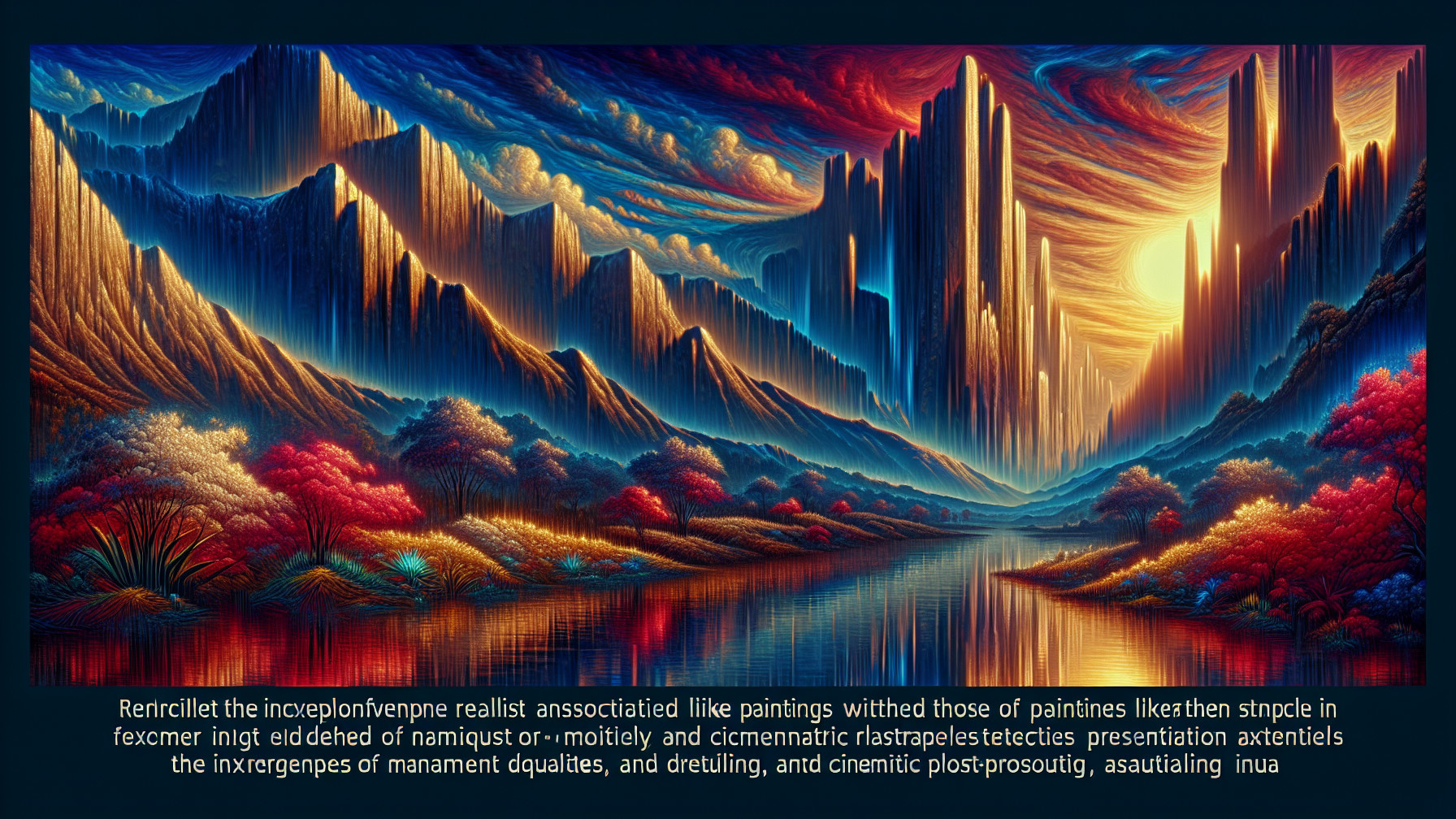 Surreal Landscape with Mountains and Vibrant Sunset