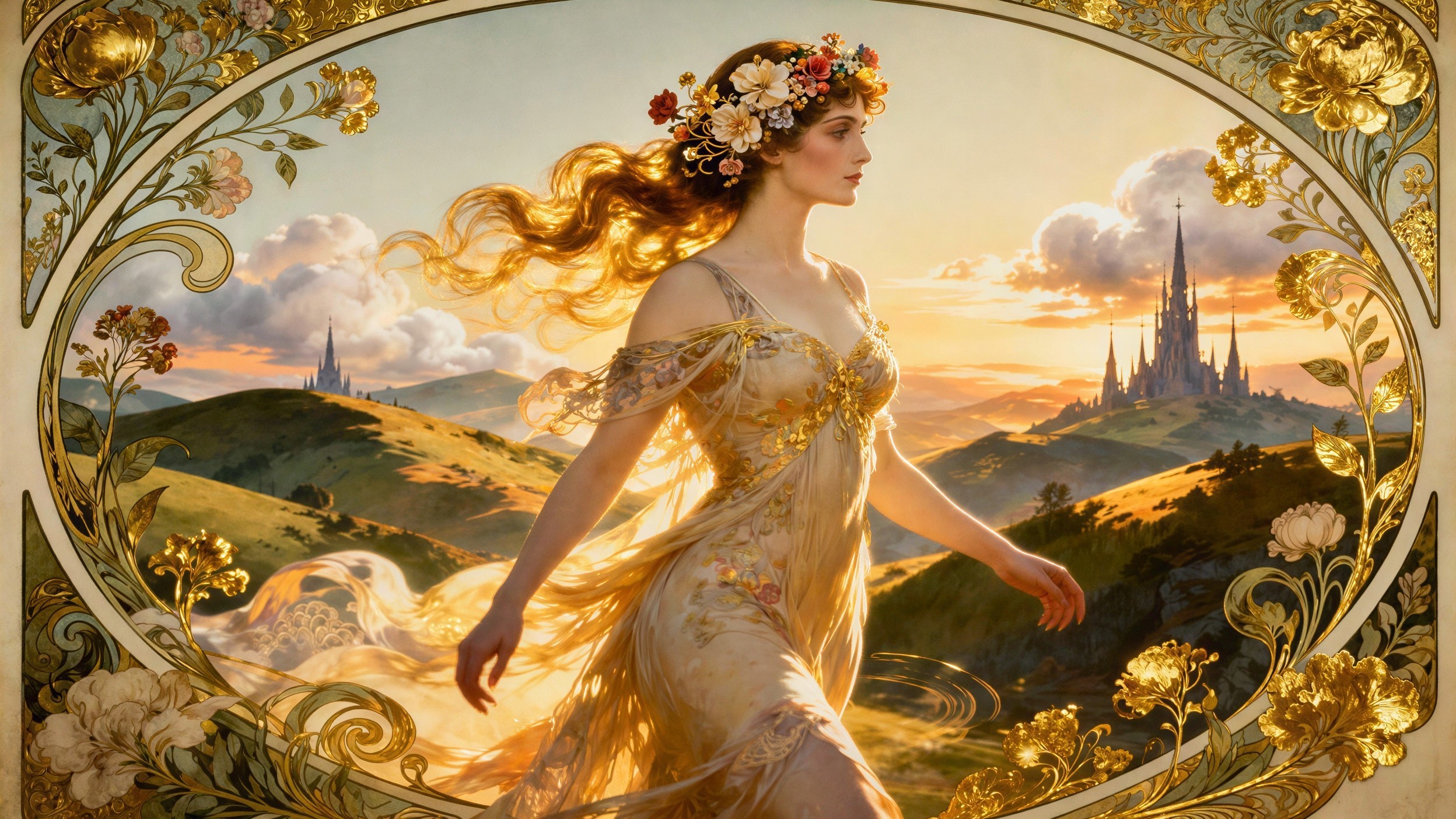 Young Woman in Flowing Gown Amidst Vibrant Sunset Landscape