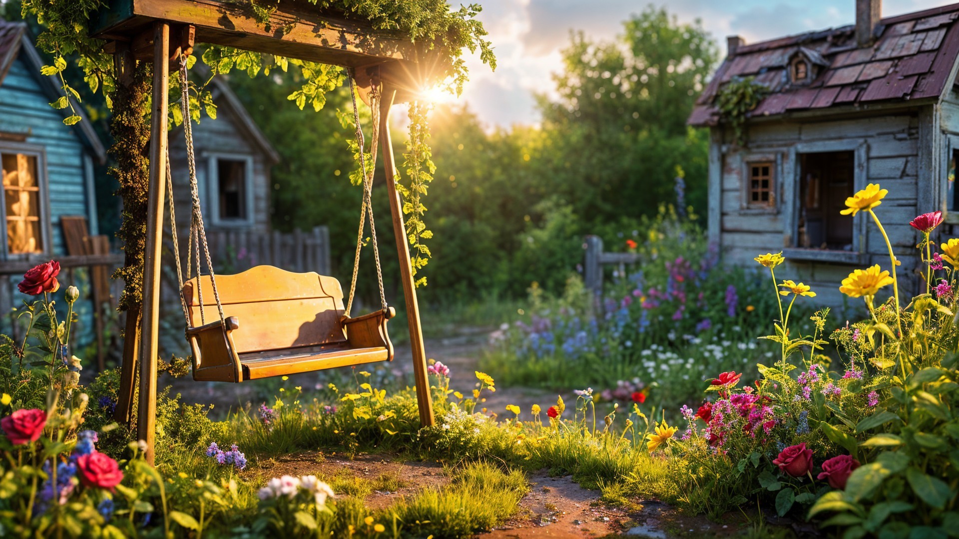 Rustic Swing in a Vibrant Flower Garden Scene