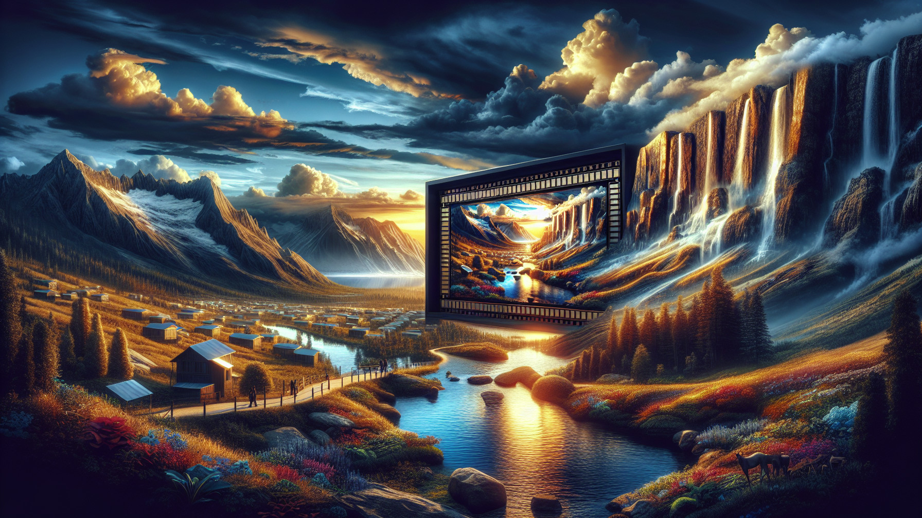 Majestic Landscape with Mountains and Waterfall Scene