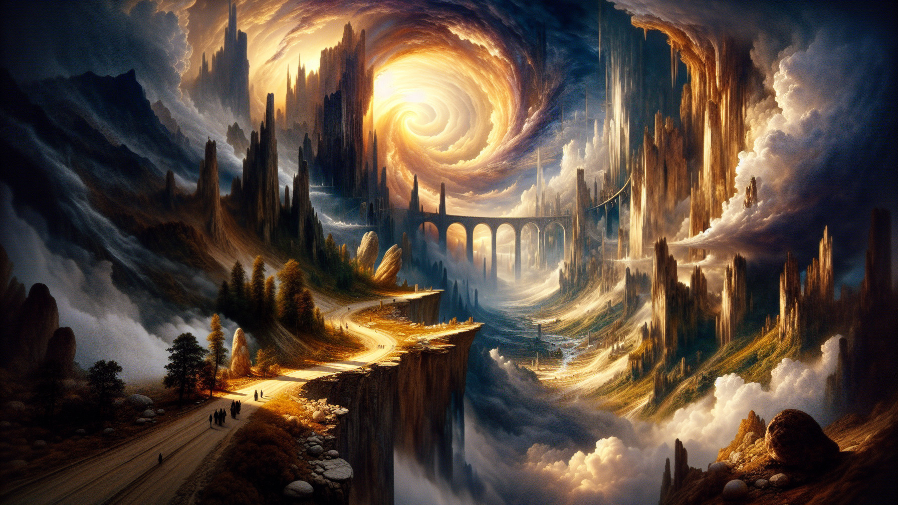 Surreal Landscape with Rocky Spires and Galaxy