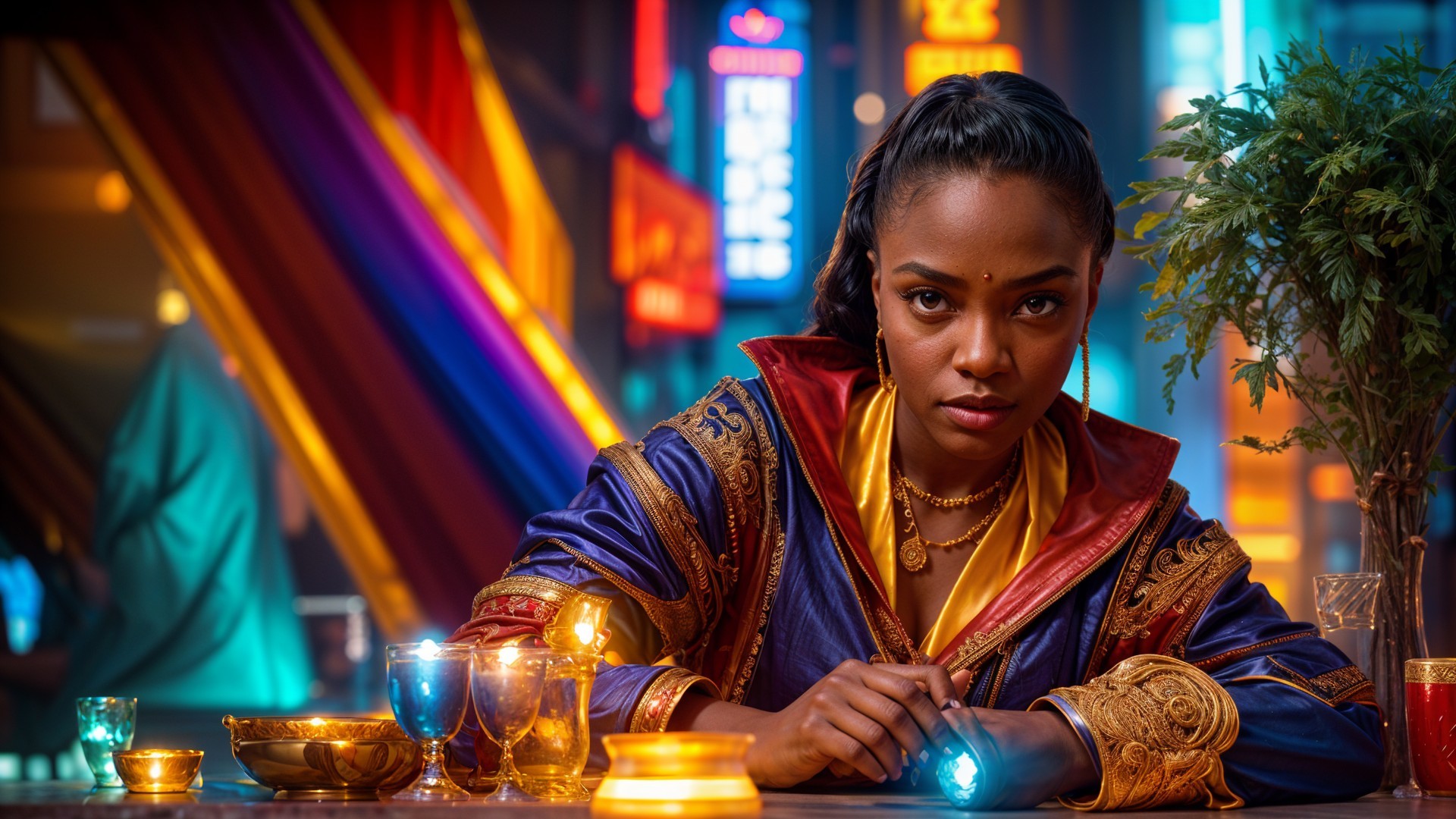 Futuristic Bar Scene with Neon Lights and Royal Outfit
