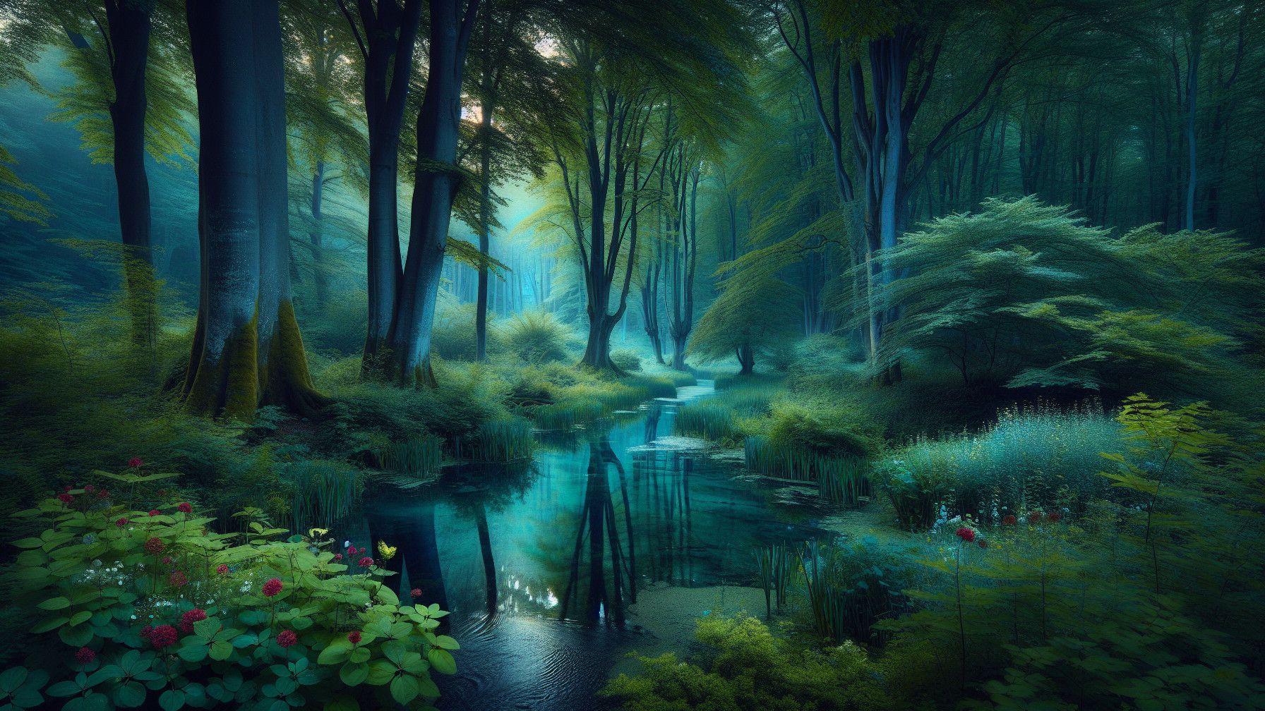 Enchanted Forest with Reflective Stream and Flowers