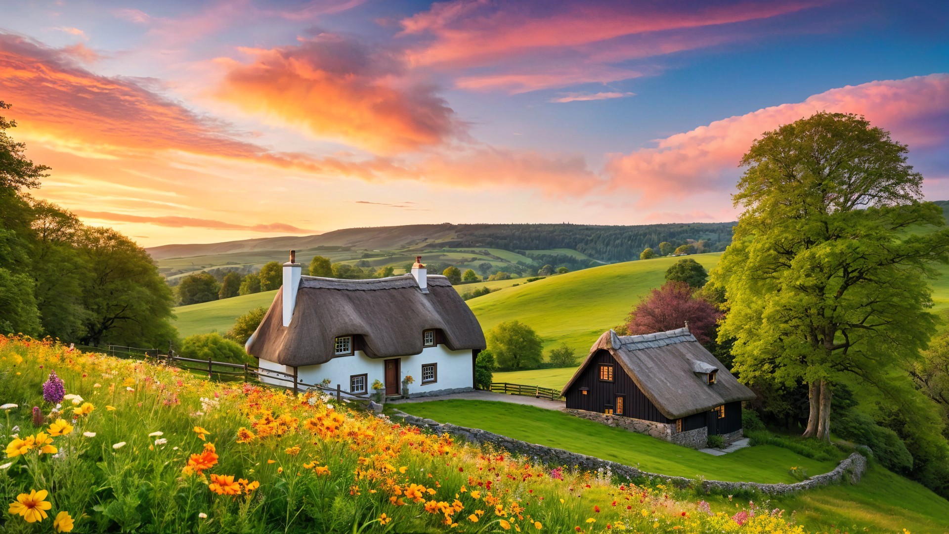 Charming Cottages in a Vibrant Meadow Landscape
