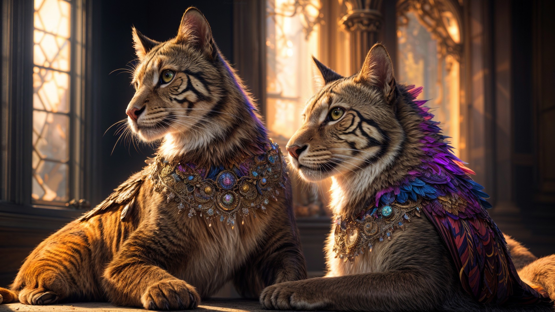 Tigers with Gemstone Collars in Regal Architecture