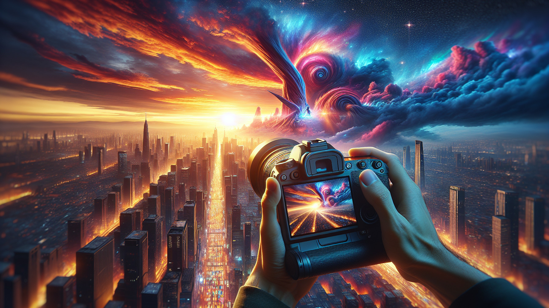 Surreal Sunset Over Futuristic Cityscape with Vivid Clouds