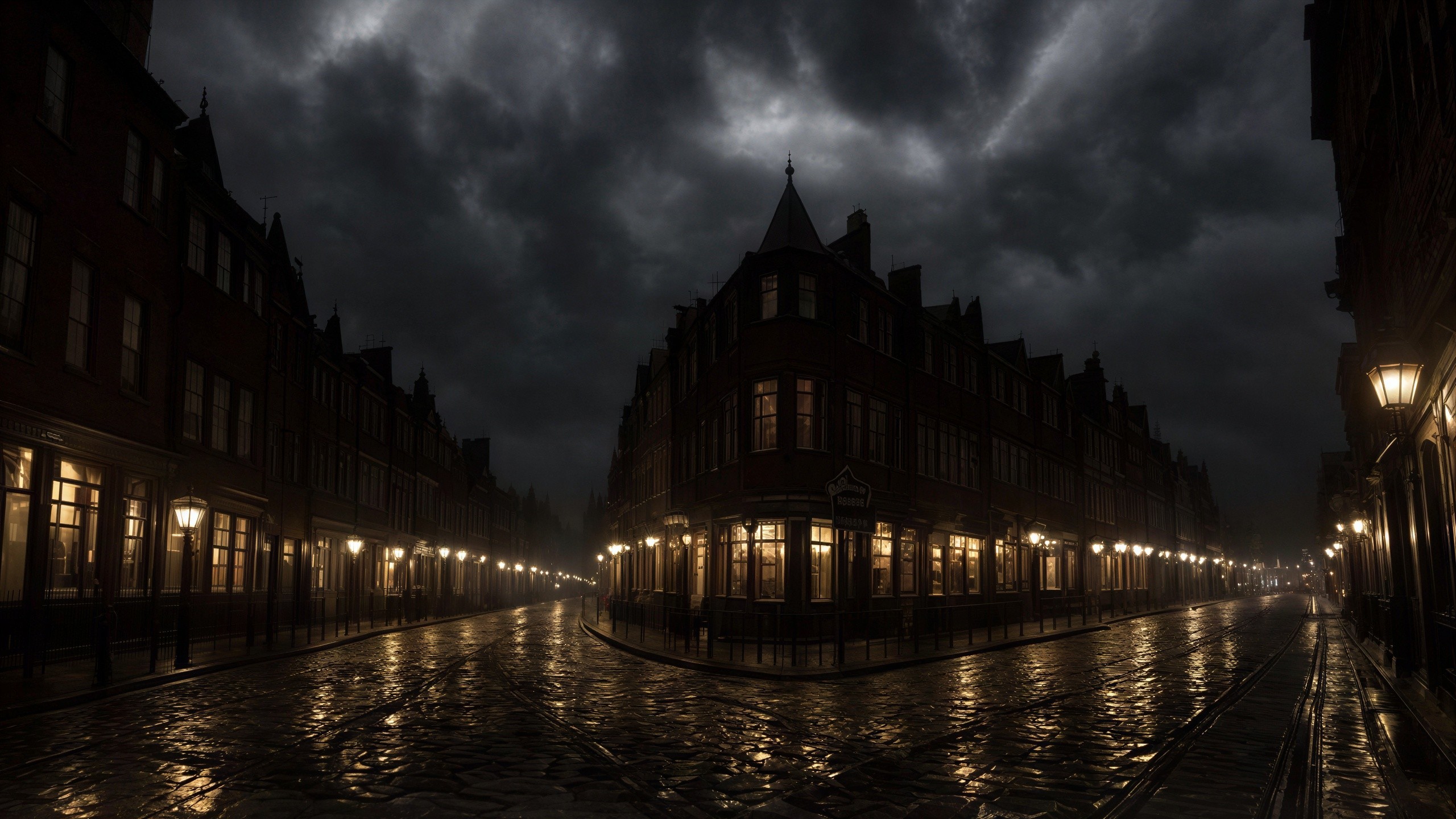 Twilight Street Scene in a Dark Old City