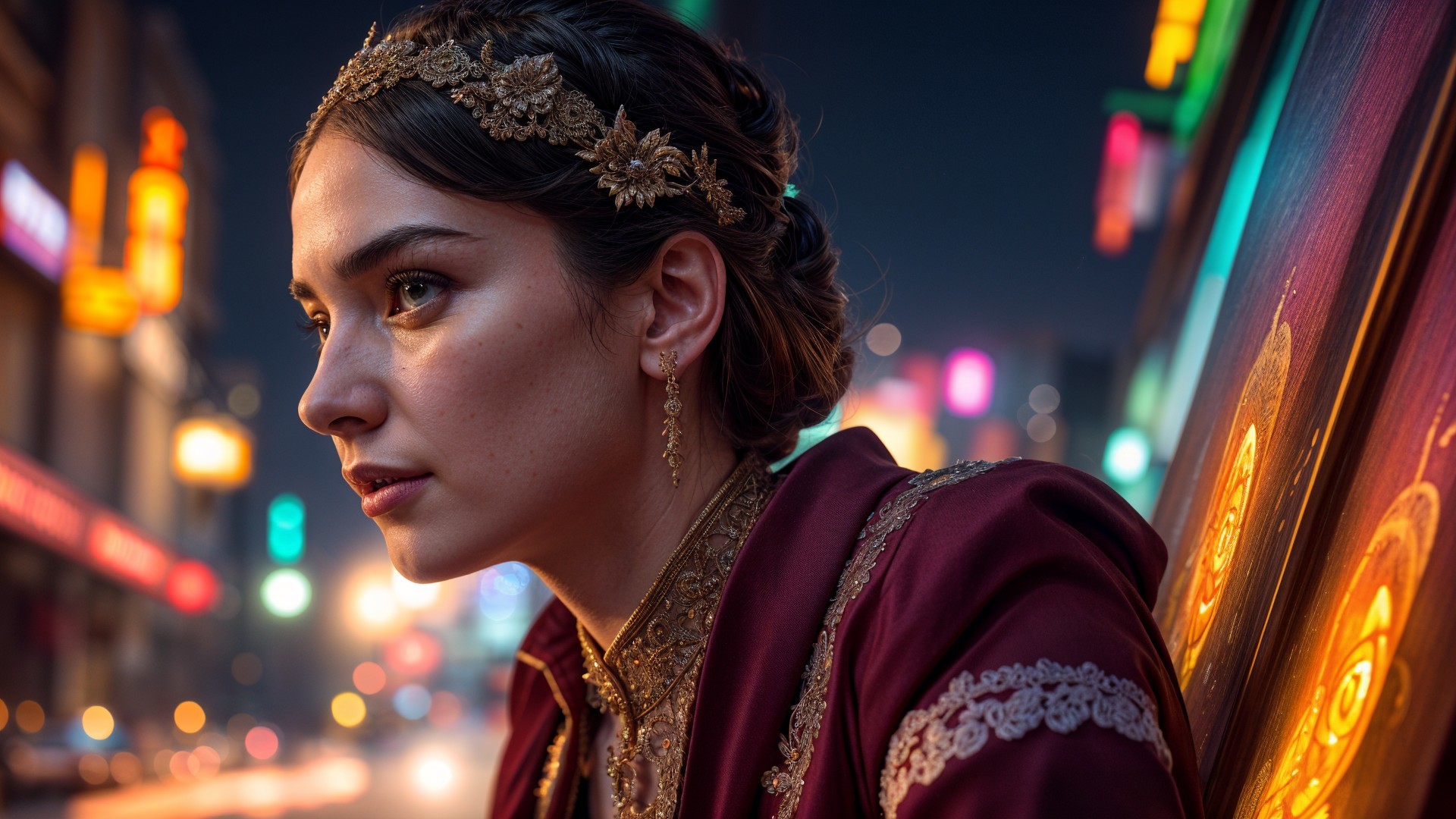 Young woman in ornate maroon outfit against city lights