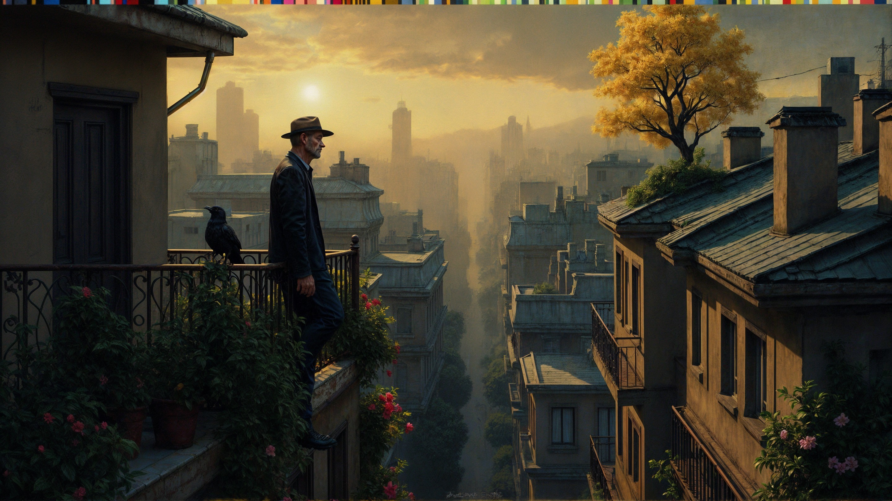 Lone Figure on Balcony Overlooking Tranquil Cityscape