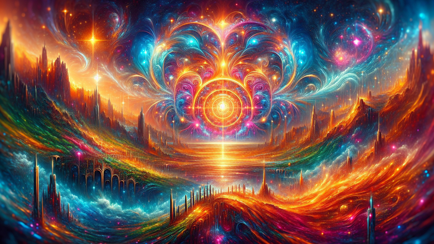 Vibrant Cosmic Landscape with Galaxies and Waterfalls