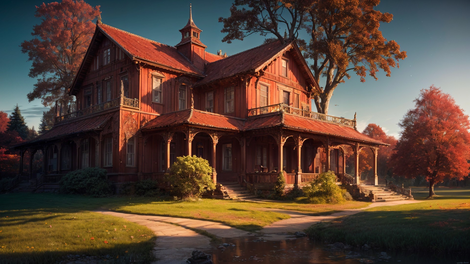 Victorian Mansion Surrounded by Autumn Foliage